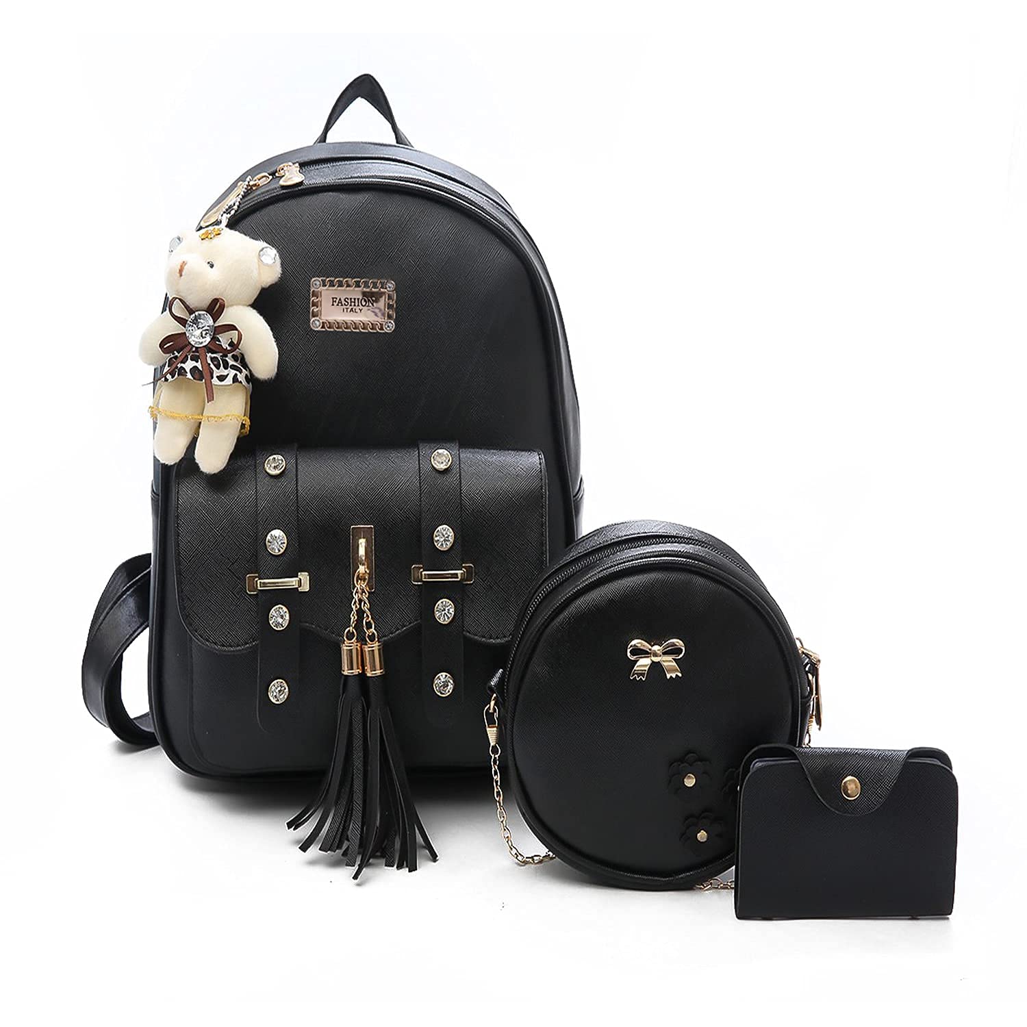 floki Fashion Girls 3-Pcs Fashion Cute Mini Leather Standard Backpack Sling & Pouch Set For Women/Gift For Girl (Black)