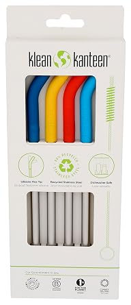 Klean Kanteen Recycled Stainless Steel Straw Set - Food Grade Silicone - With Straw Cleaner Brush - Multicolor, 4 Pack