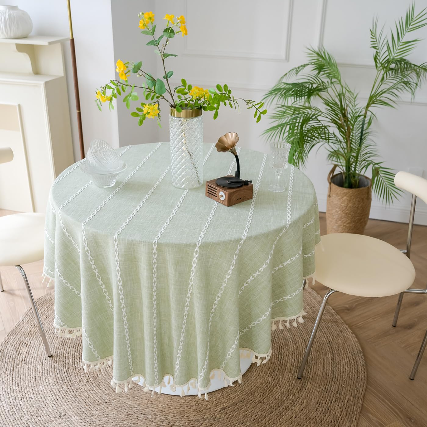 Nappe Ronde en Coton et Lin Dentelle à Pompons Lavable en Machine Vert 200cm de diamètre