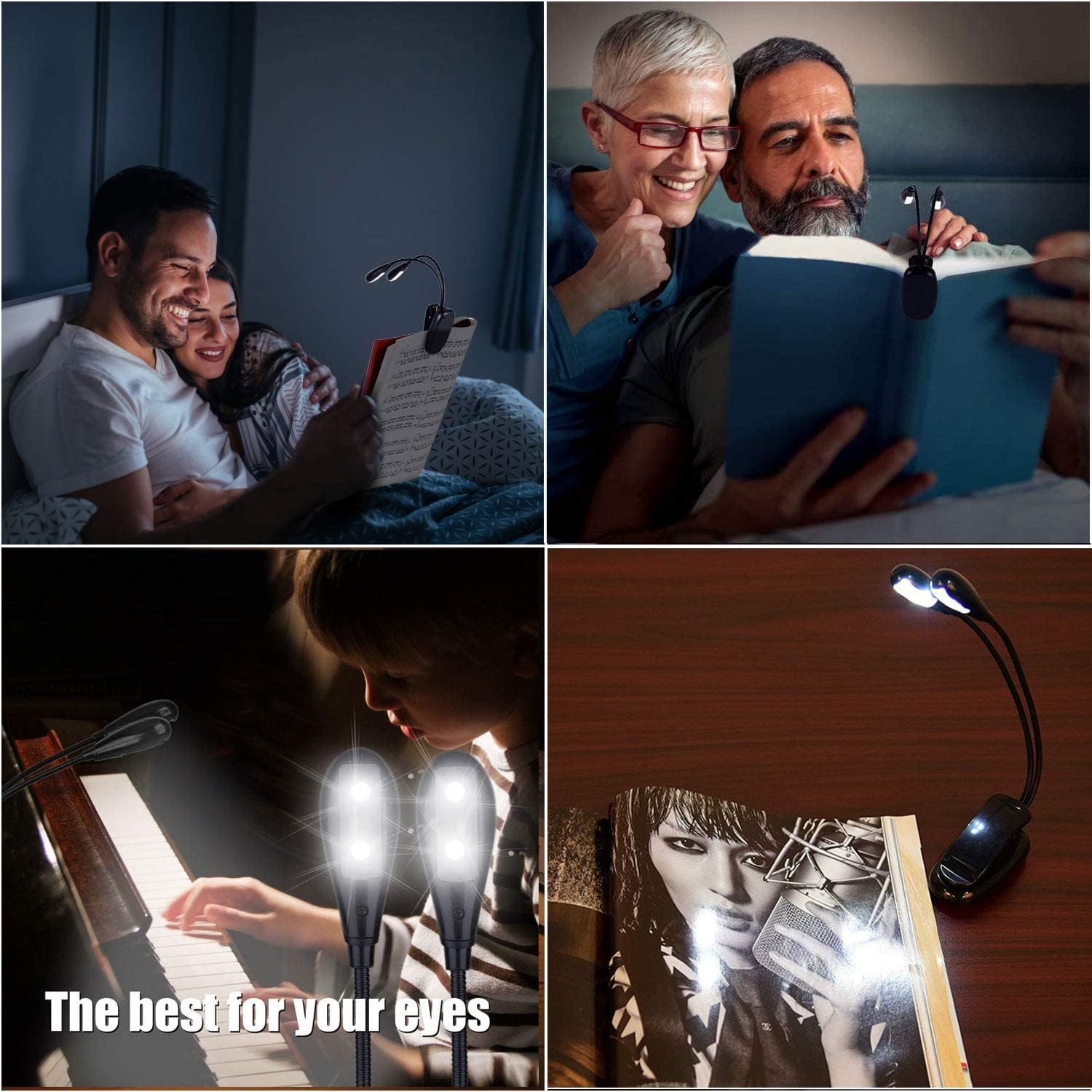 Confezione da 4 luci per leggio musicale, luci per pianoforte a clip, USB e batterie AAA, lampade da lettura a LED, 4 luminosità, ideali per musicisti, bambini, pianoforte, orchestra, chitarra, viaggi