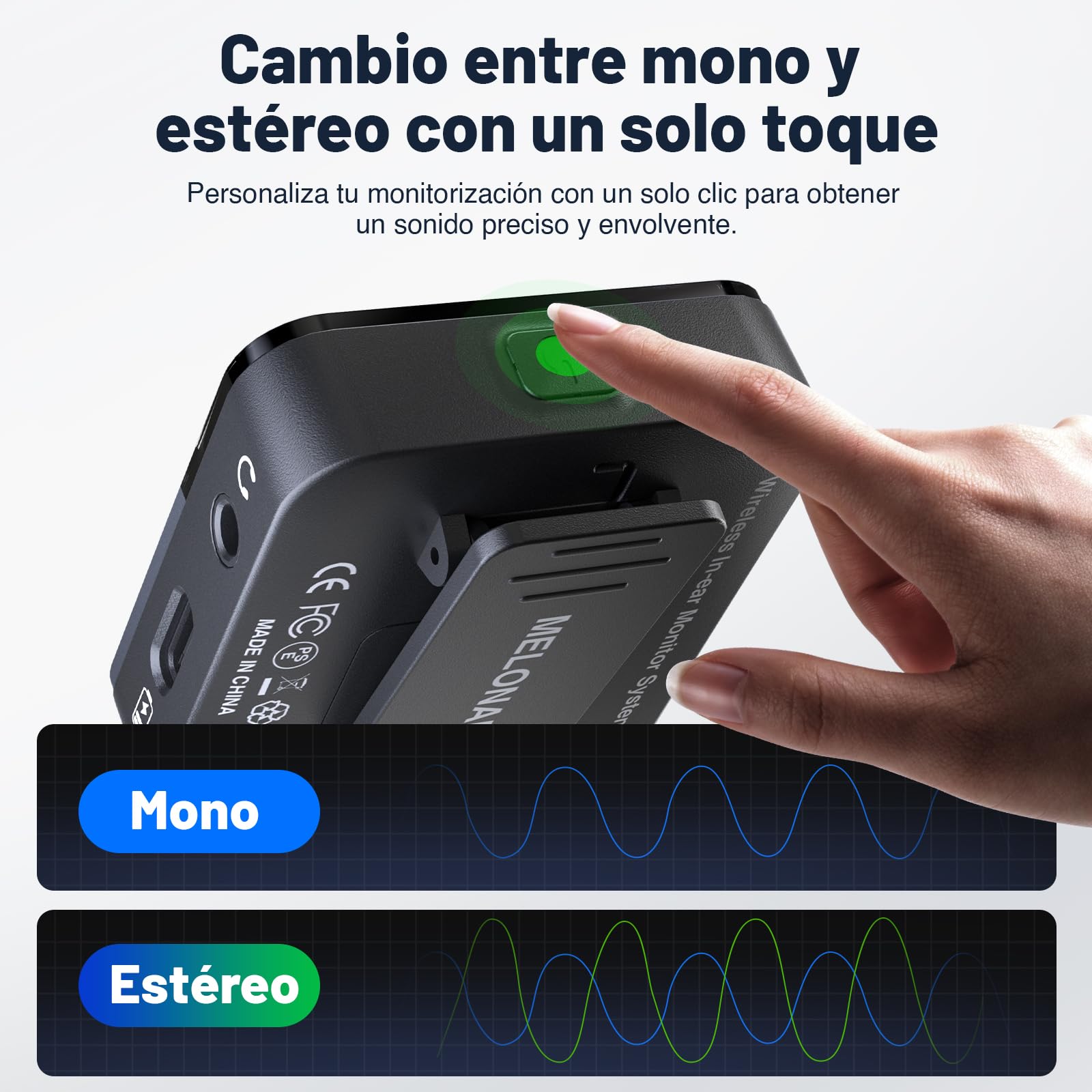 MELONARE PM-2 - Sistema de monitor inalámbrico portátil con funda de carga, transmisor y receptor de audio inalámbrico, audio de 24 bits/48 kHz, entrada OTG, interruptor overol/estéreo, IEM para