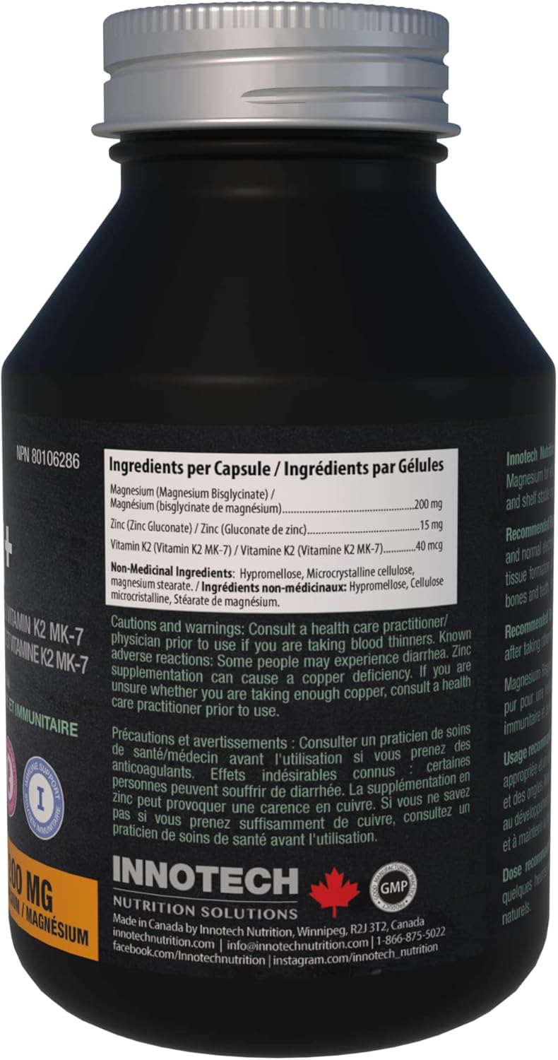INNOTECH Nutrition Magnesium + 120 Capsules - Contains Magnesium Bisglycinate, Zinc Gluconate & Vitamins K2, MK-7 - Maintain Proper Muscle & Immune Function