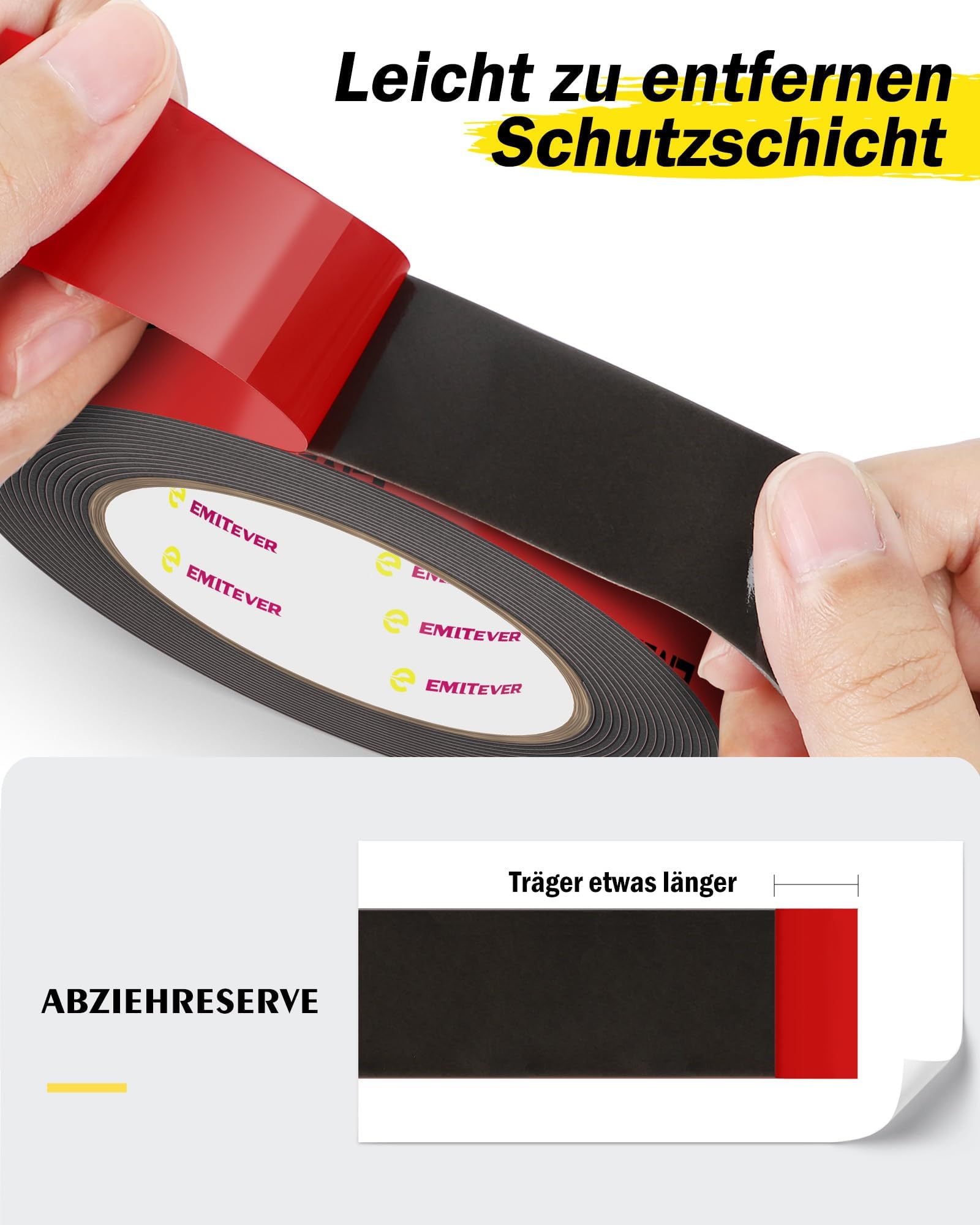 Emitever Dwustronna Taśma Klejąca - 5 m x 25 mm, ekstra mocna, wodoszczelna, wielofunkcyjna taśma klejąca do montażu na ścianie i taśmach LED, do samochodu, mieszkania, biura i na zewnątrz