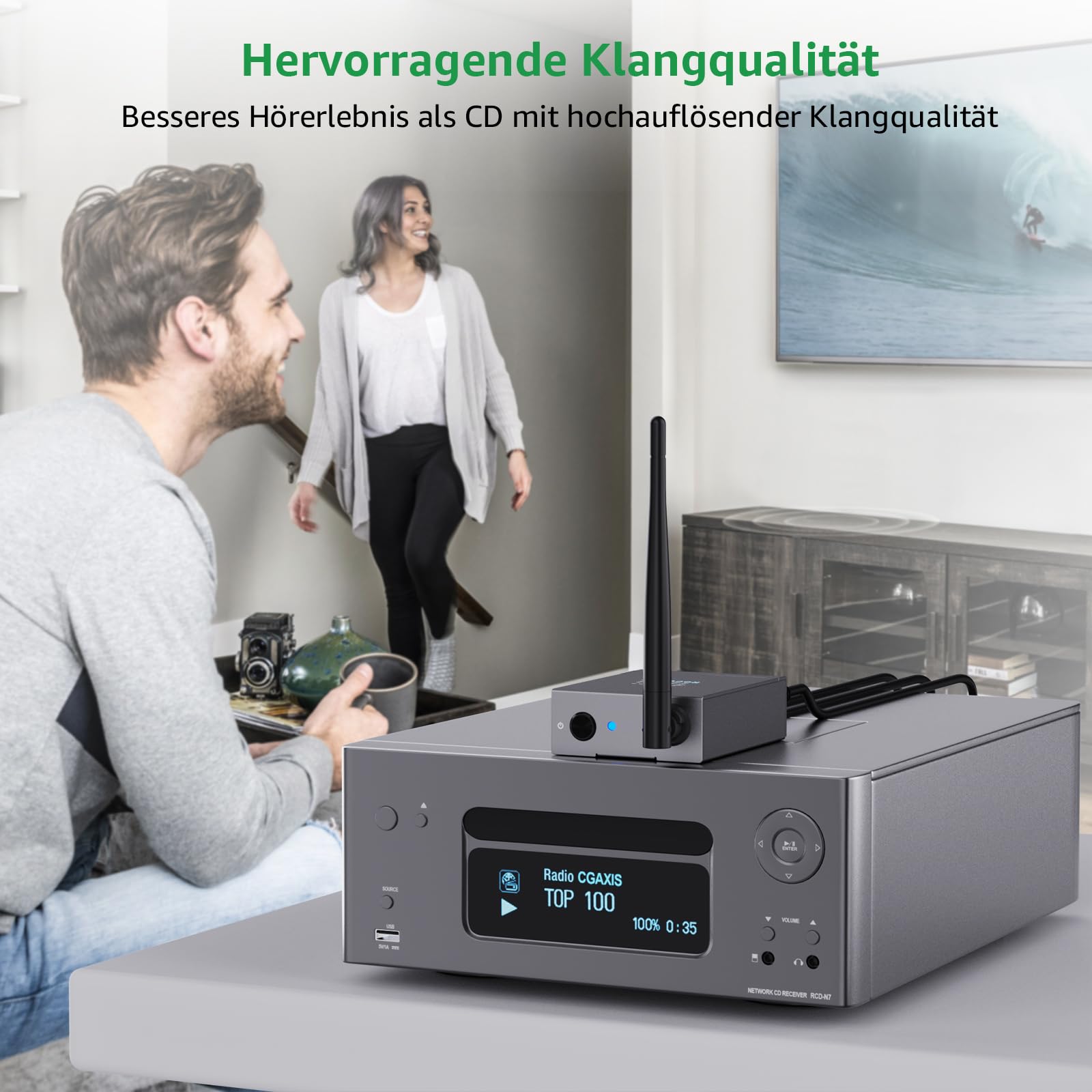 1Mii (1 TX + 2 RX) Drahtlos Audio Sender Empfänger, 2,4 GHz Funkübertragung | Niedrige Verzögerung, 100m Großer Reichweite von TV/PC zu Aktivlautsprecher/Verstärker/AV-Receiver, Cinch-Ausgang/-Eingang