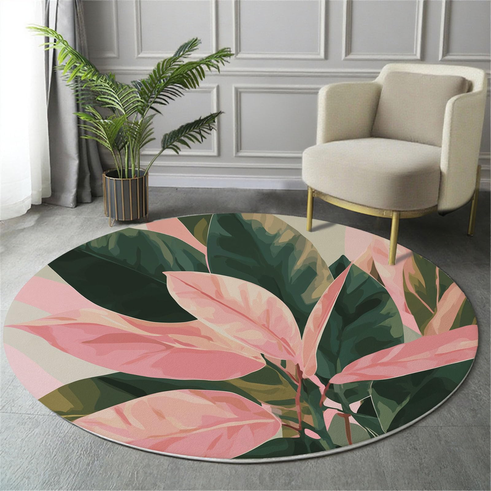 Tapis rond salon rose de 160cm moelleux au motif exotique de feuilles