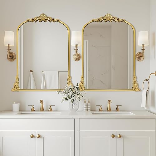 Miniatura 7 de Growsun Espejo arqueado dorado, 24 x 36 pulgadas, decoración de espejo de pared barroco antiguo, espejo adornado tradicional con marco de metal
