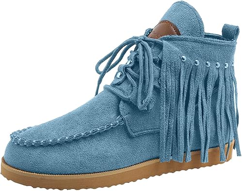 Womens Suede Tassel Cowboys Ankle Boots Bohemian Vintage Fringe Lace Up Wide Round Toe Short Boots Non Slip Flat Heel Fall Winter Casual Fashion Booties Moccasins Shoes