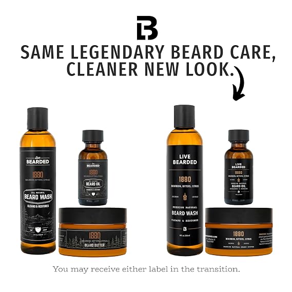 Live Bearded 3-Step Beard Grooming Kit - Wash, Oil and Butter - Made in the USA - All-Natural Ingredients with Shea, Jojoba - Growth Support | 1880 Scent - Bourbon, Bitters, Citrus