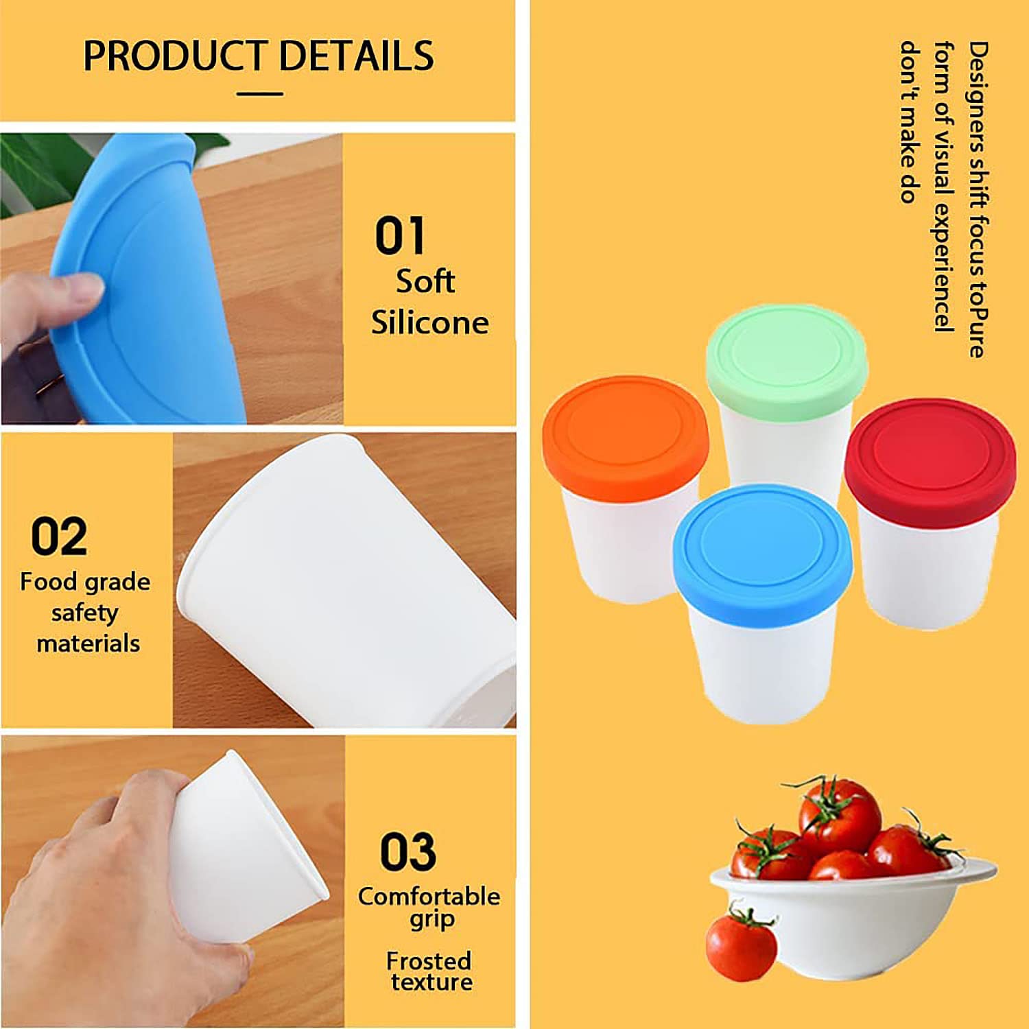 Set di 6 Coppette Gelato, 250ML Vaschetta per Gelato con Coperchi in Silicone, per la Conservazione di Gelato Fatto in Casa, Sorbetto