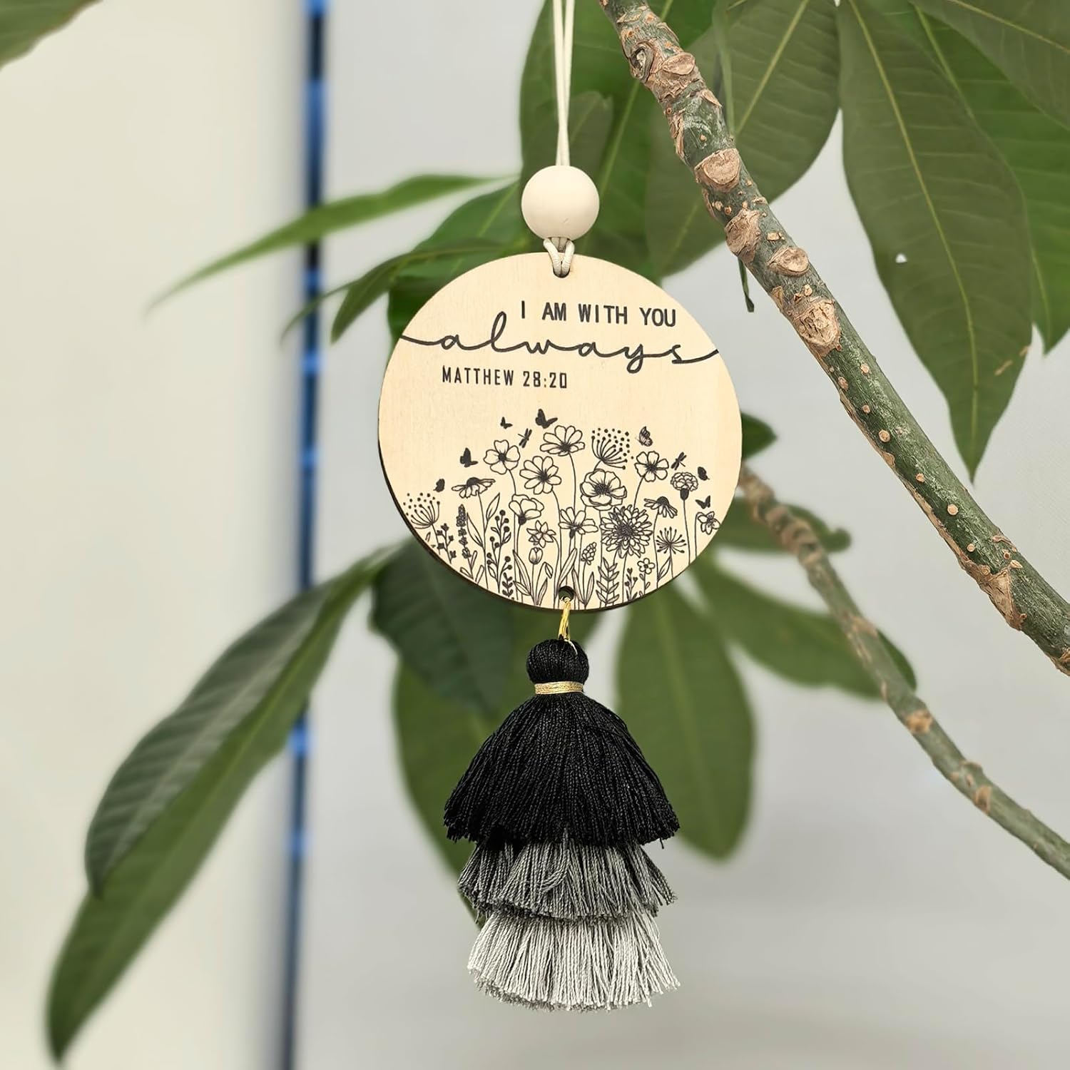 Christian Car Charm Gifts for Women Men, I am with You Always Rear View Mirror Hanger with Tassel Religious Car Hanging Ornament Accessories(Black) - Image 4