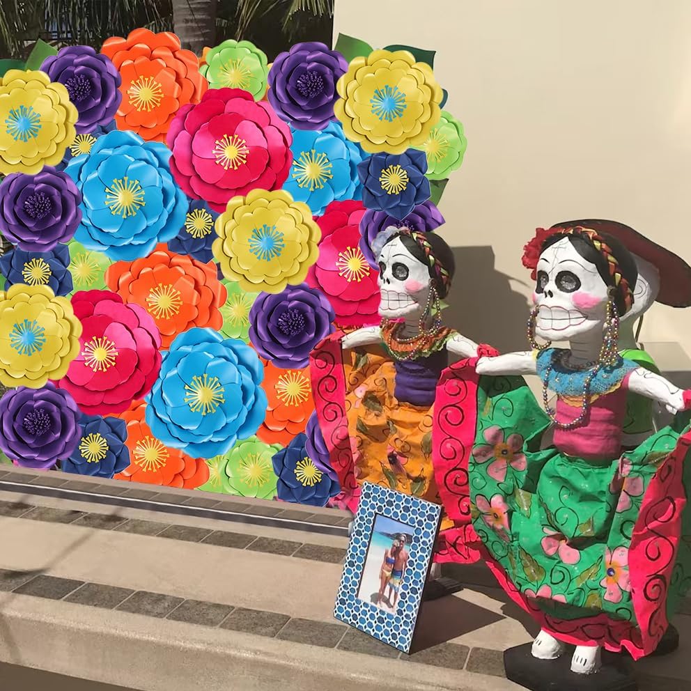 Miniatura 7 de Mverse Decoración de flores de papel para pared, ramo gigante de flores artificiales 3D hechas a mano con hojas y mariposas, kit de 14 piezas,