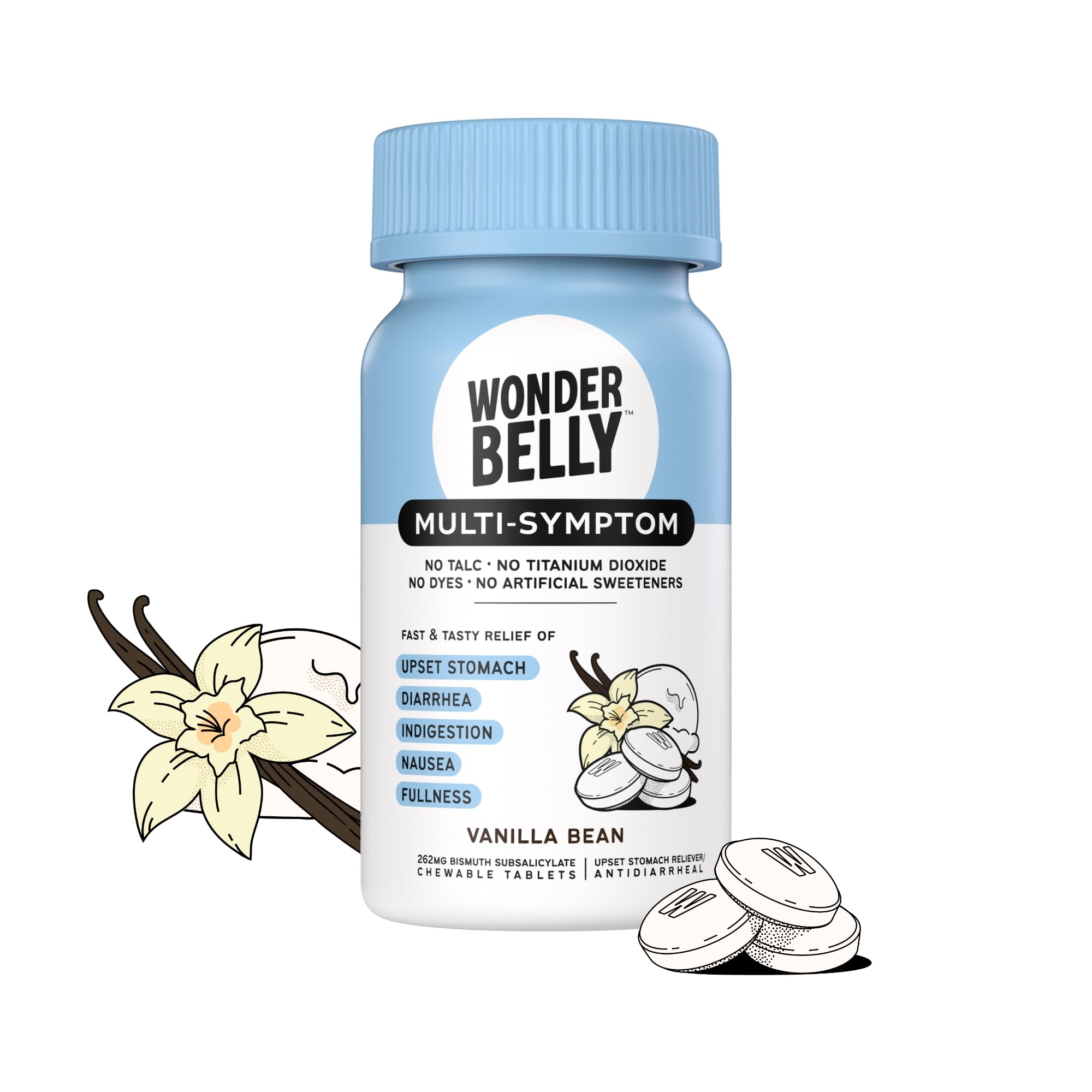 Wonderbelly Multi-Symptom Medicine Anti-Diarrhea & Upset Stomach Relief with Bismuth Subsalicylate Vanilla Bean 40 Chewable Tablets