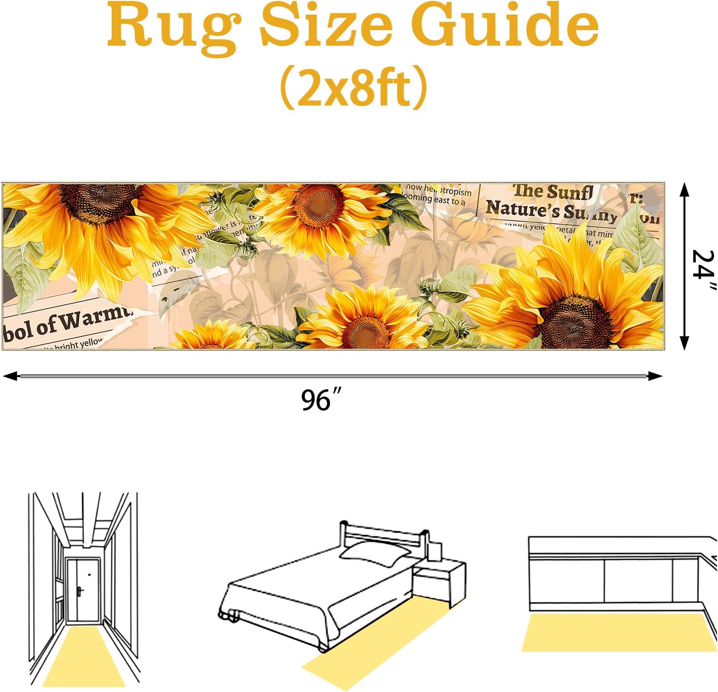 AooHHooA Washable Sunflower Runner Rug 2x8 Farmhouse Yellow Floral Rug with Non-Slip Backing Low Pile Runner Rugs for Kitchen Hallway Laundry Entryway