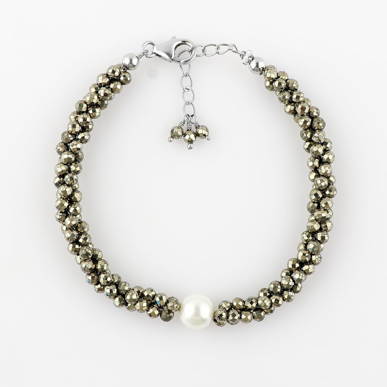 CRYSTALIS Natural Pyrite Beads Twisted Rope Bracelet with Elegant Pearl, High Grade Gemstones, Chakra Healing Stones, Gift Giving Womens Jewelry, 925 Sterling Silver Bracelet 8 inch - Image 2