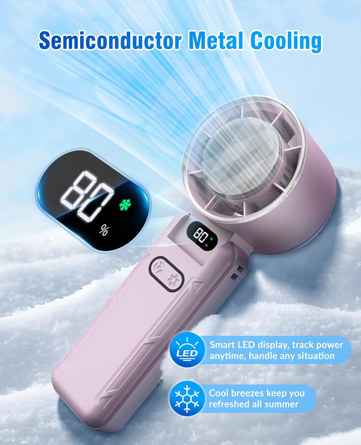 DAORANGE Portable Handheld Turbo Fan, Foldable Mini Fan with Ice Cooler, 5 Speed Wind, 12 Hrs Cooling, 3600mAh Rechargeable, Digital Display, Personal Fans for Travel/Outdoor/Camping, Lavender