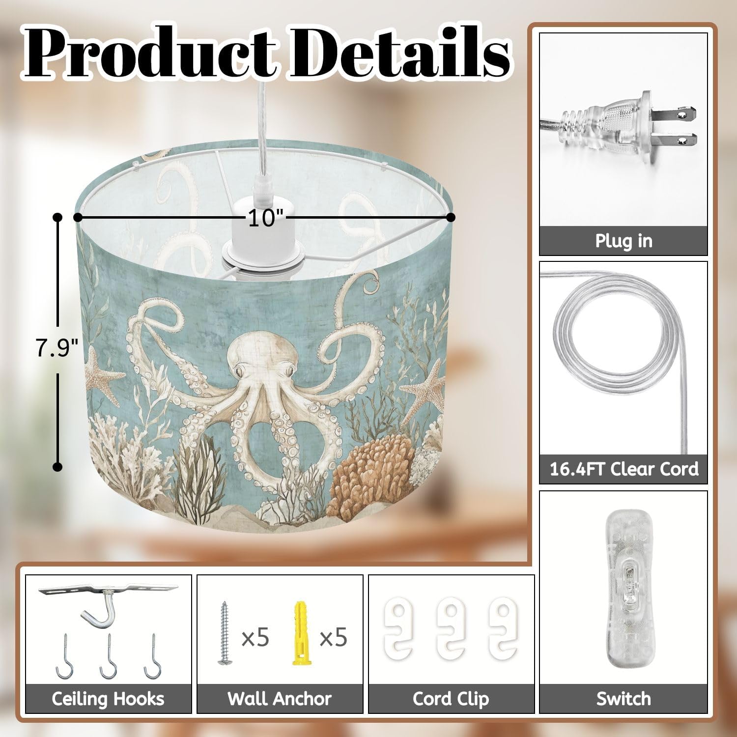 Plug in Pendant Light Beach Decor Ocean Sea Turtle Octopus Coastal Teal Vintage Whale Hanging Light with Plug in Clear Cord Dimmable Switch Linen Shade Hanging Lamp Fixture for Bedroom Kitchen
