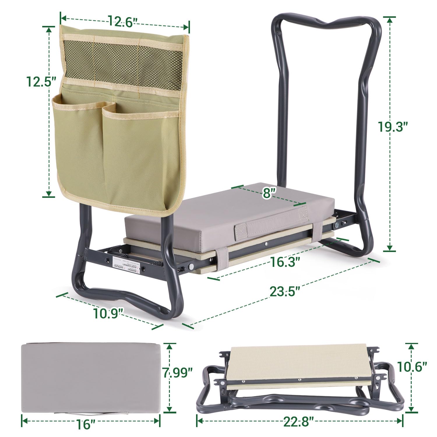Ohuhu Agenouilloir et siège de jardin 2 en 1 pliable avec coussin doux amovible, banc de jardin robuste avec grand sac à outils et pochette, cadeau pour femmes, hommes, personnes âgées