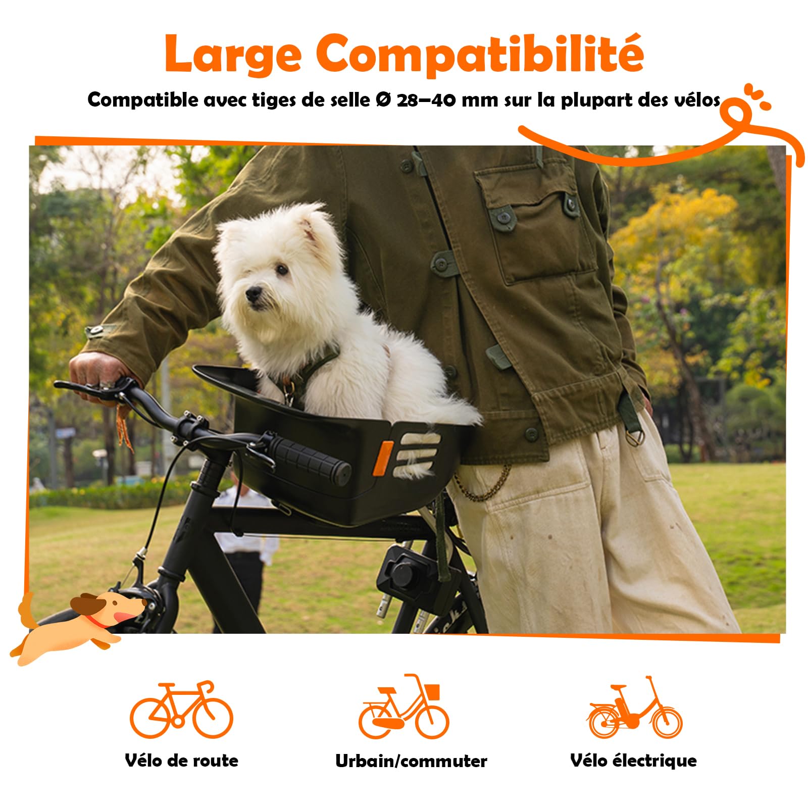 Panier de Vélo Avant pour Chien Chat 12KG, Siège Robuste Intégré, Coussin Nylon Imperméable, Sangles Réglables, Cadre Métal Antirouille