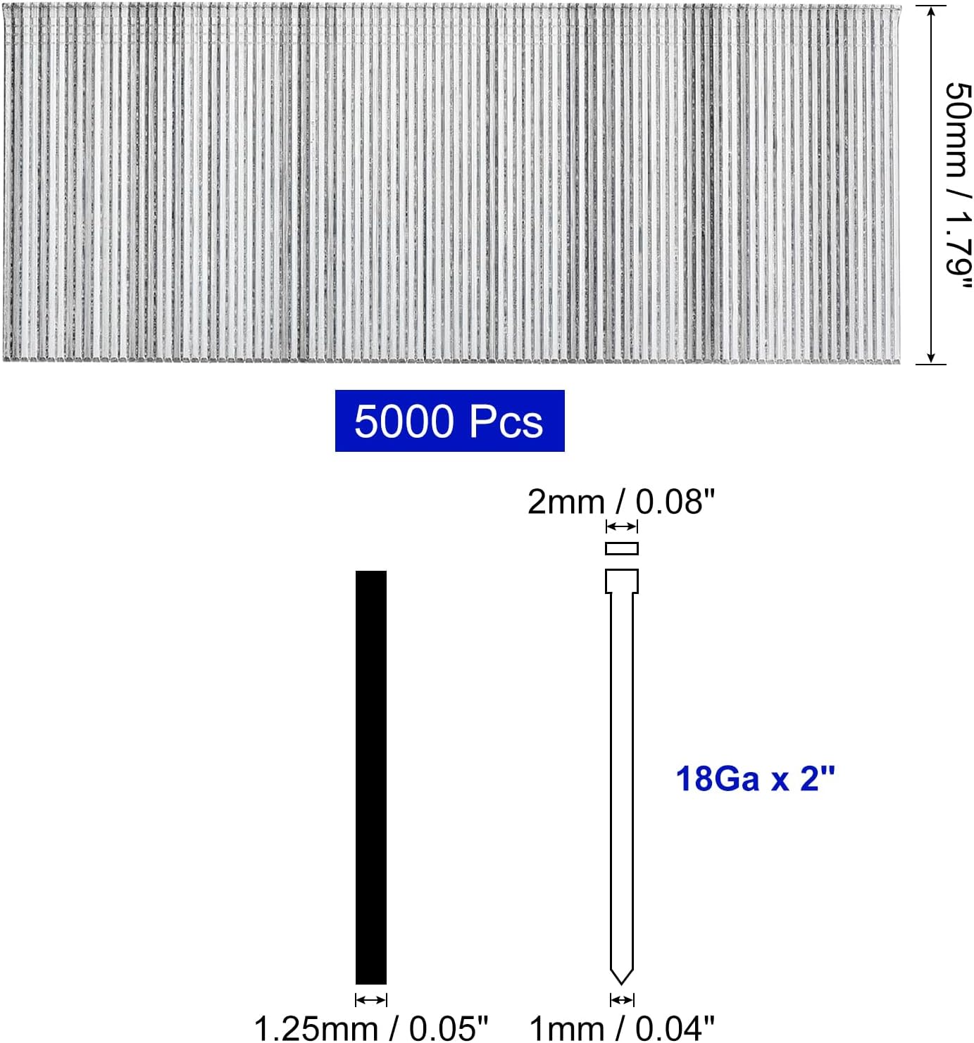uxcell 5000Pcs 18 Gauge Brad Nails, 2" Length Straight Finishing Nails, Galvanized Carbon Steel Nails for Woodworking Construction Silver