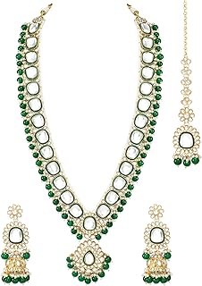 Gold Plated Kundan Studded Long Necklace Earrings and Maangtikka Set Ethnic Traditional Jewelry Gift for Women