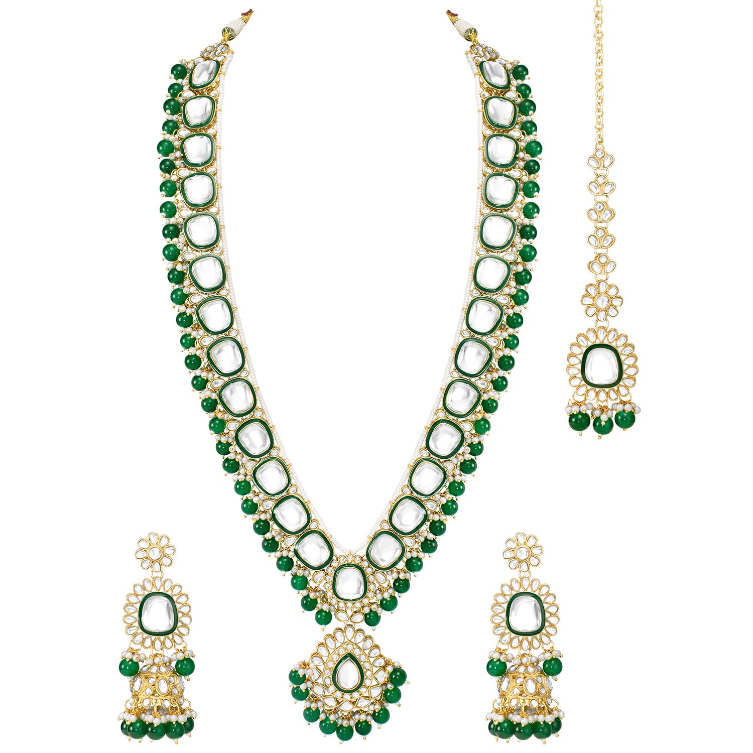 Peora Gold Plated Green Kundan Studded Long Necklace Earrings and Maangtikka Set Ethnic Traditional Jewellery for Women & Girls (B0CJ9JC13Z) Amazon Price History, Amazon Price Tracker