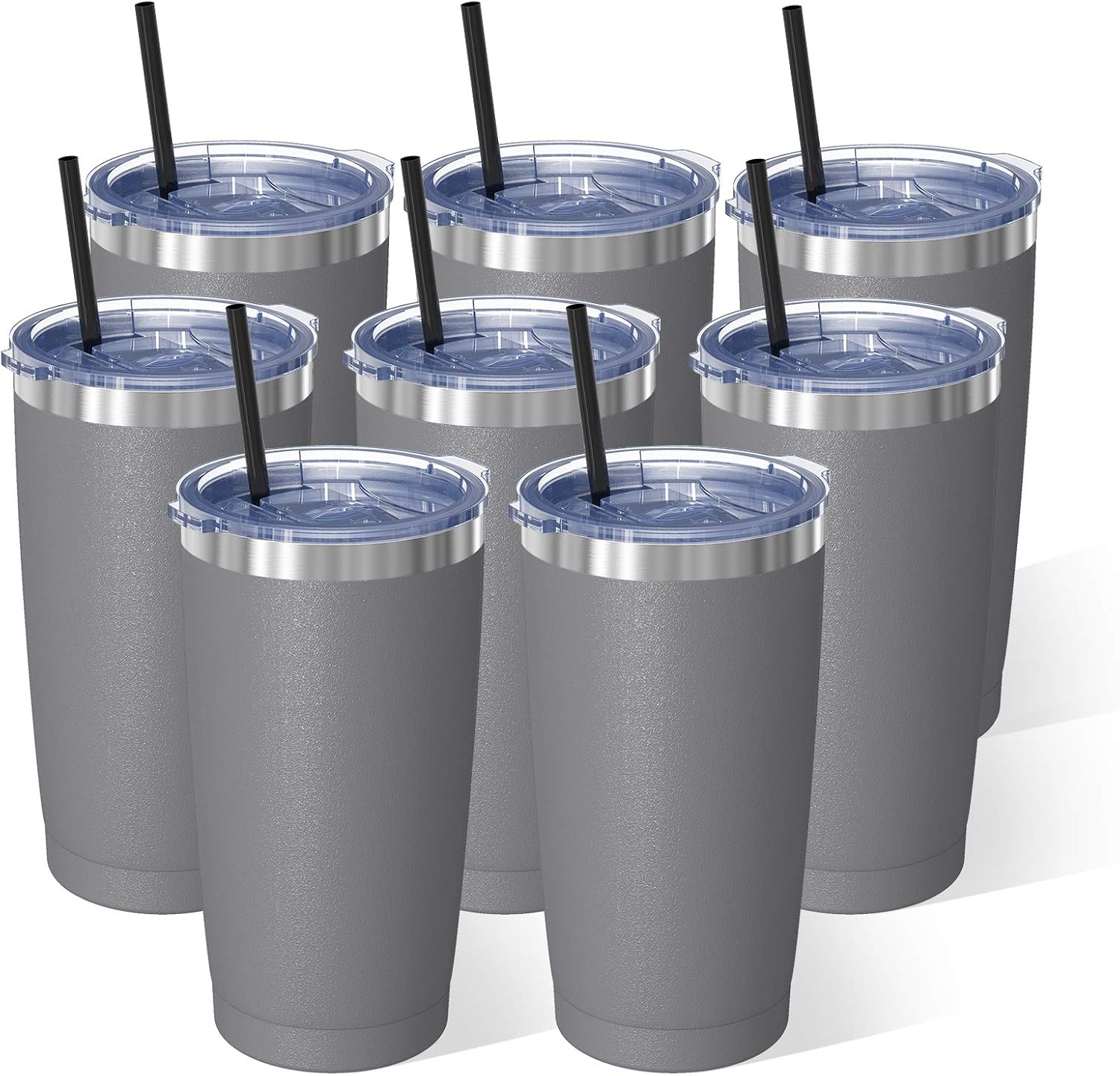 Bastwe 20oz Tumbler with Splash Proof Sliding Lid and Straw, Stainless Steel Vacuum Insulated Coffee Tumbler Cup, Double Wall Travel Mug for Hiking, Camping & Traveling (Gray, 8 Pack)