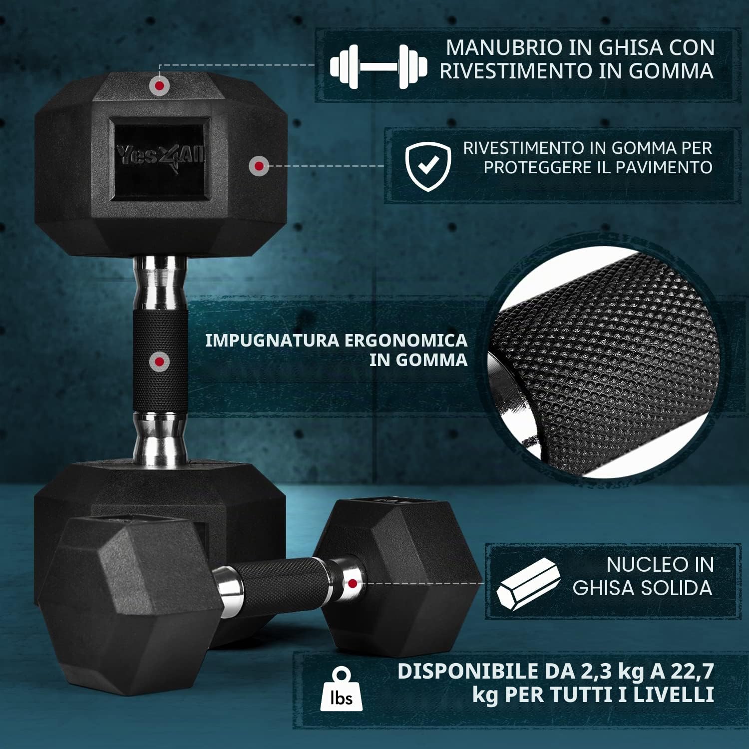 Yes4All Manubri esagonali con impugnatura in gomma – Pesi a mano con antiscivolo 2 – 25 kg singolo