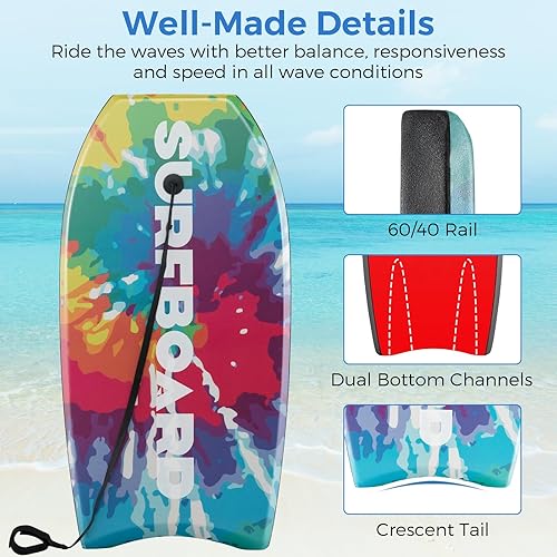 Vista 13 de Goplus Tabla de cuerpo ligera de 41/37/33 pulgadas para playa, tabla de surf con núcleo EPS, cubierta XPE, parte inferior lisa de HDPE, correa