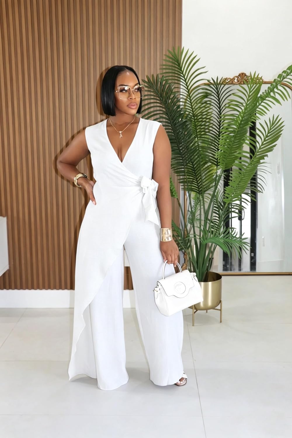 Jumpsuits for Women Casual V-Neck Sleeveless Tie Waist Wide Leg Pants Rompers One Piece Jumpsuits Sexy Club Outfits
