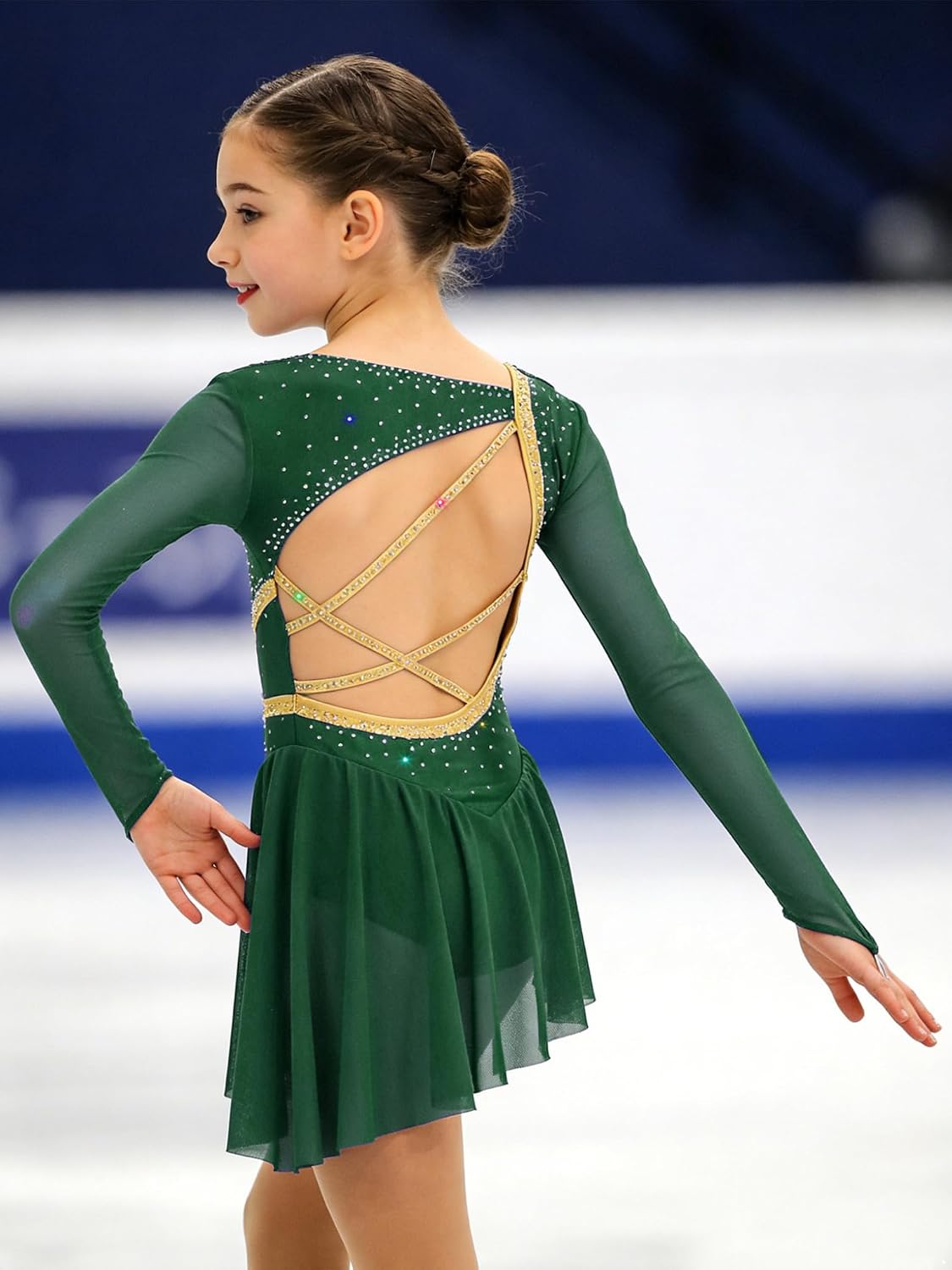 JanJean Girls Sequin Figure Skating Dress Long Sleeve Asymmetrical Cutout Back Lyrical Contemporary Dance Dress