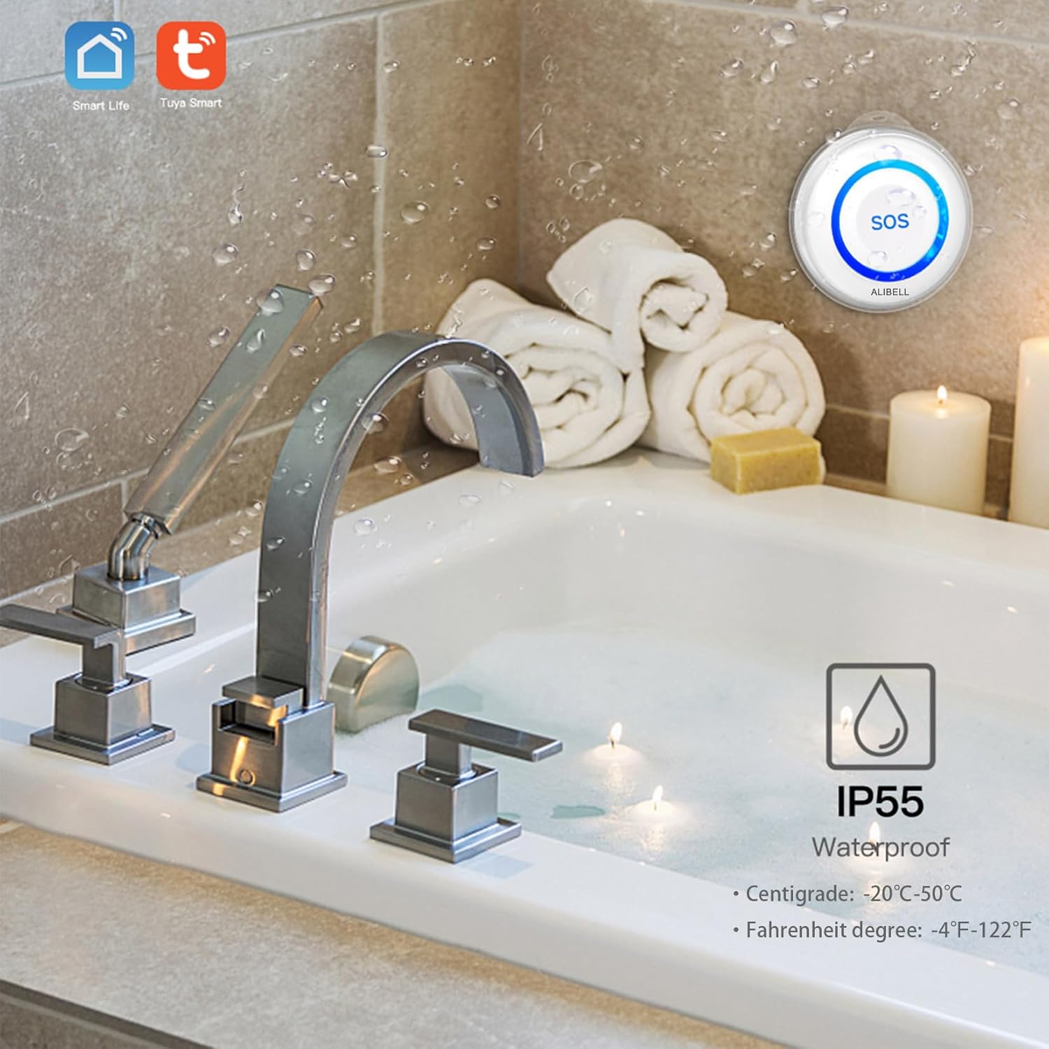 The ALIBELL SOS button positioned near a bathtub with water droplets, indicating its IP55 waterproof rating.