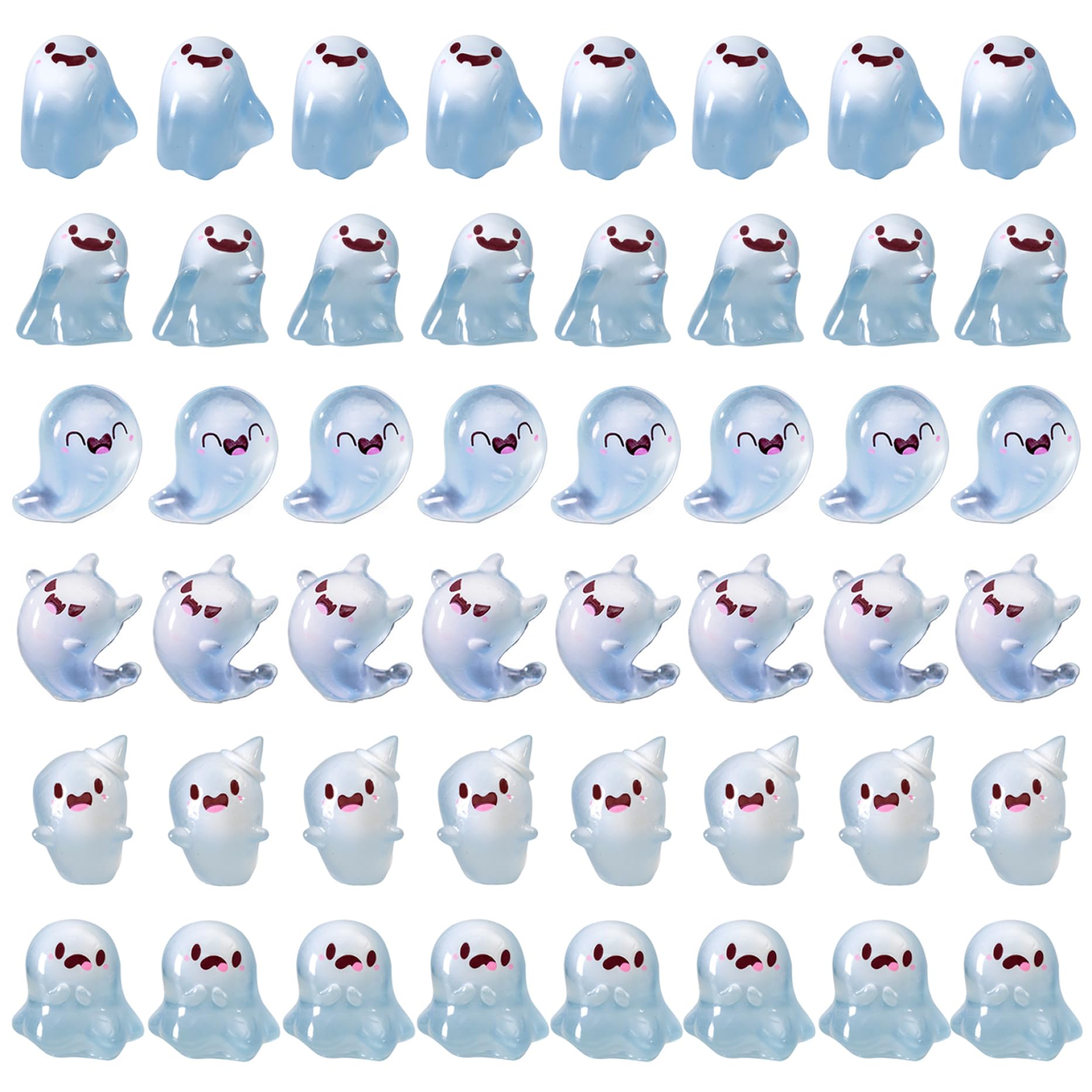 Wxyestna Mini Resin Figures 48PCS 8 Styles Glow in the Dark Ghost Figurine Cute Miniature Ghost Decor for Halloween Party Dollhouse