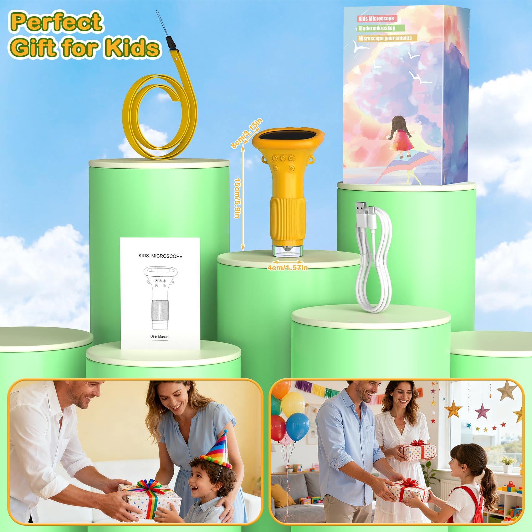 GlobalCrown Microscopio bambini tascabile,Microscopio digitale portatile 200x con schermo da 2,0 pollici,giocattolo per l'apprendimento scientifico per 3,4,5,6,7,8,9,10 anni ragazzi,ragazze