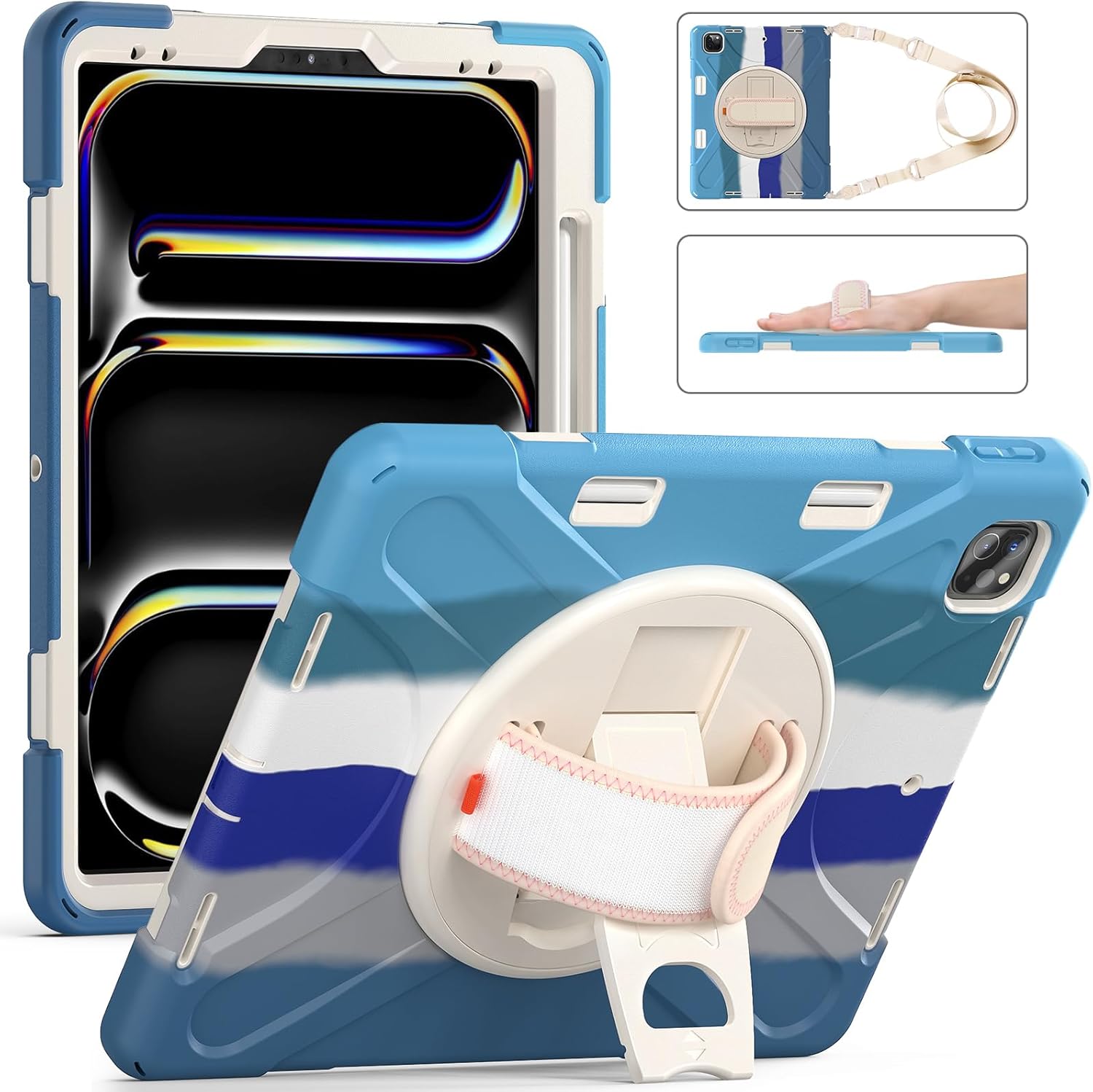 Batianda Case for iPad Pro 13-inch 2025 M5 2024 M4 Chip Heavy Duty Rugged Durability Silicone Tablet Cover with 360° Rotating Hand Strap Foldable Hidden Stand & Shoulder Strap, Colorful Blue