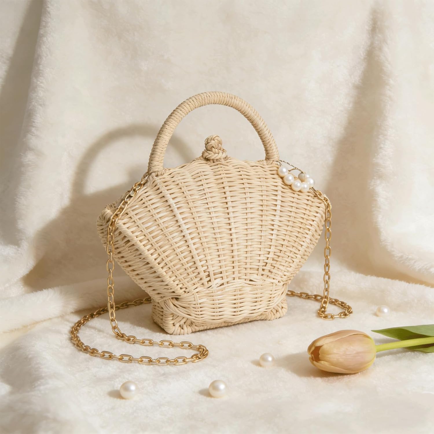 Shell Purse Rattan Clutch Woven Shell Shape Crossbody Shoulder Bag Straw Beaded Seashell Handbag with Pearl Beads - Image 3
