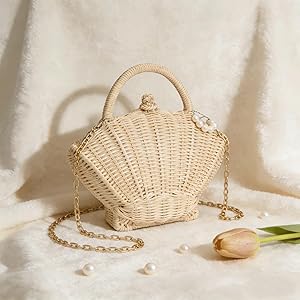 Tarvione Rattan Shell Purse Clutch Woven Shell Shape Crossbody