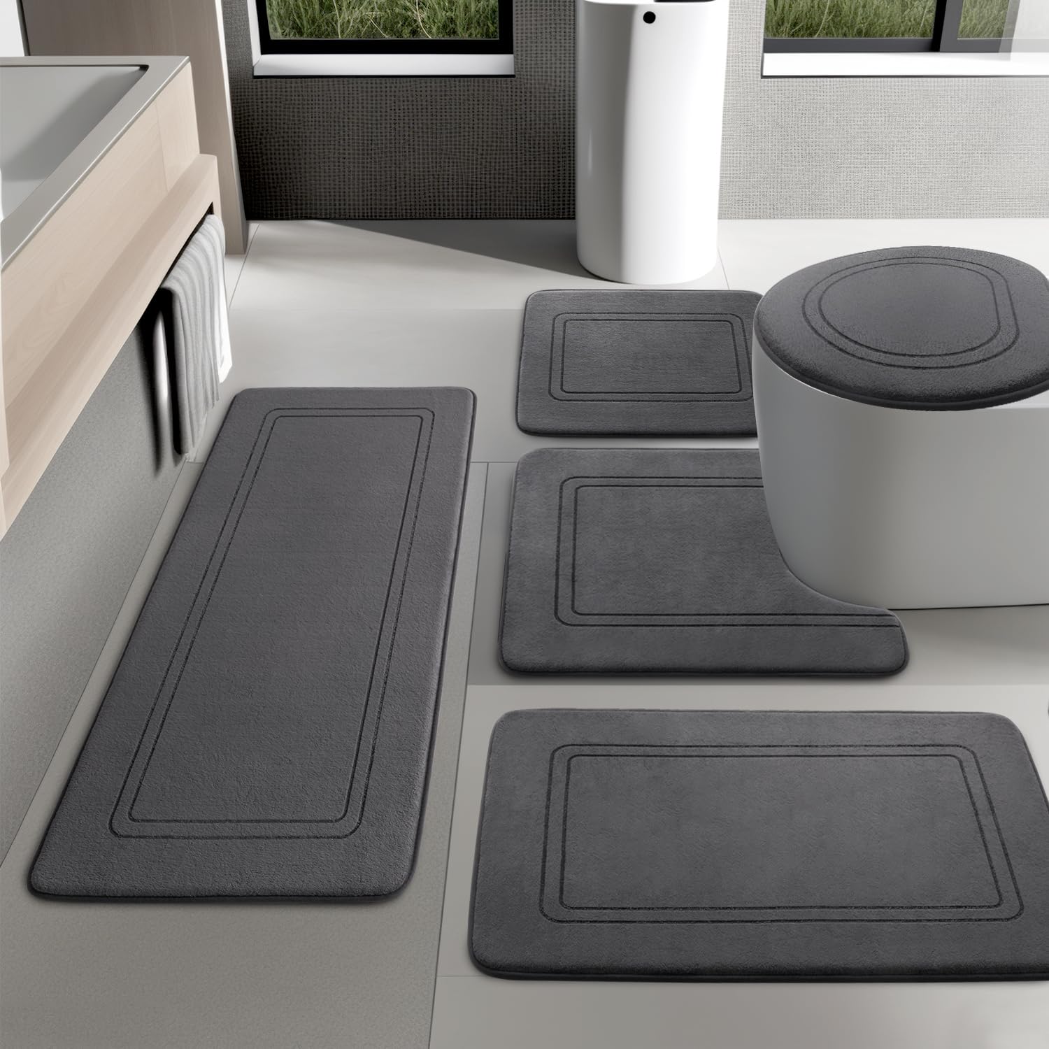 YIHOUSE Dark Grey Memory Foam Bathroom Rug Set 5 Piece Ultra Absorbent Non Slip Bath Mats Washable Dry