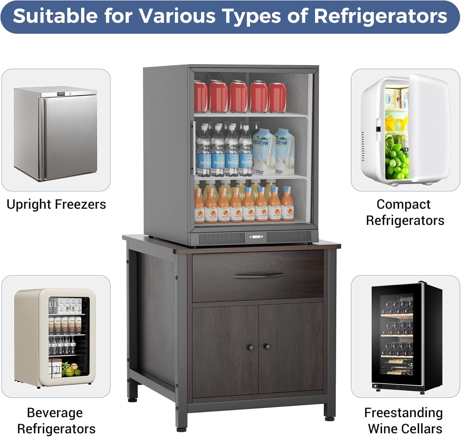COOLBEBE Mini Fridge Stand with Storage, Heavy Duty Mini Fridge Cabinet with Drawer, Solid Wood Beverage Refrigerator Stand Table for Dorm, Office, Bedroom, Load 220LBS, Black Walnut