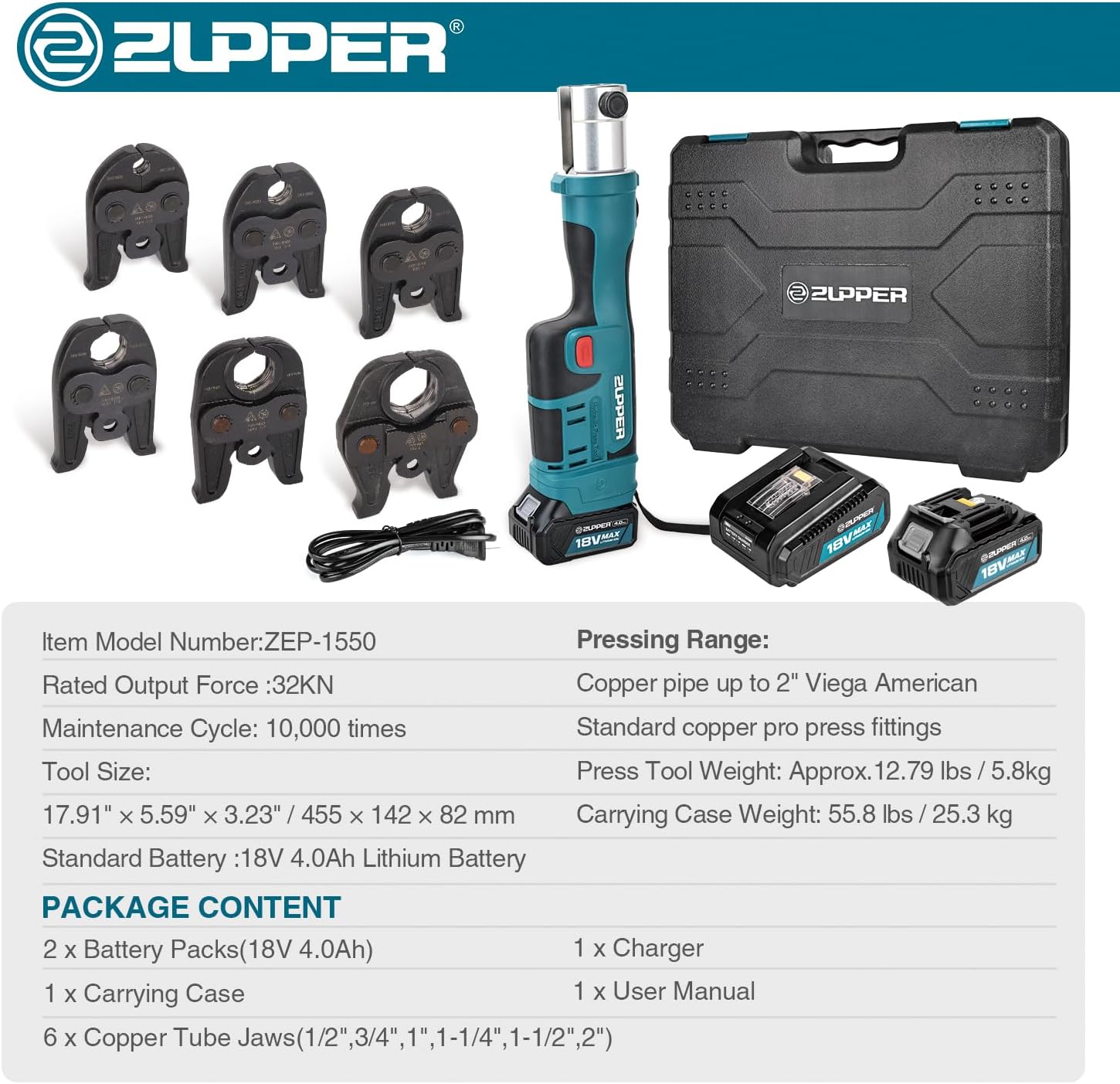 ZUPPER Standard Pro Press Tool kit with 6 Copper Pro Press Jaws 1/2" to 2", 2pcs 4AH Battery, Fast Charger & Carrying Case