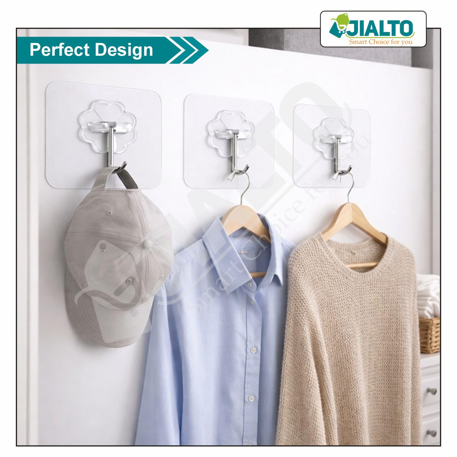 JIALTO 10 Pcs Adhesive Hooks Kitchen Wall Hooks-Heavy Duty 5 Kg (Max) Nail Free Sticky Hangers with Stainless Hooks Reusable Utility Towel Bath Ceiling Hooks 1