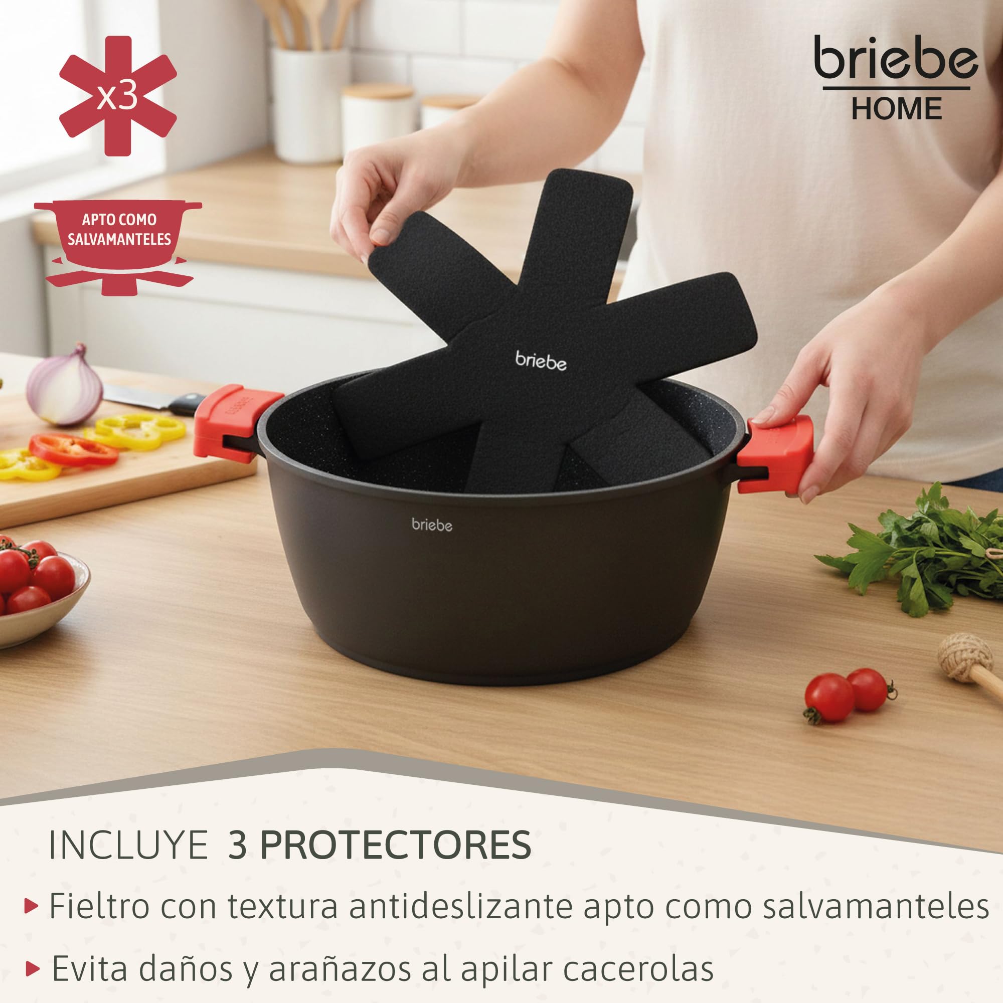 briebe Black Titanium Batería Cocina Inducción 6 Piezas Antiadherente Titanio, Juego 3 Ollas Aluminio Fundido sin PFOA, Set Cazuelas Tapas Cristal, Asas Silicona Extraíbles, Vitrocerámica, Gas, Horno