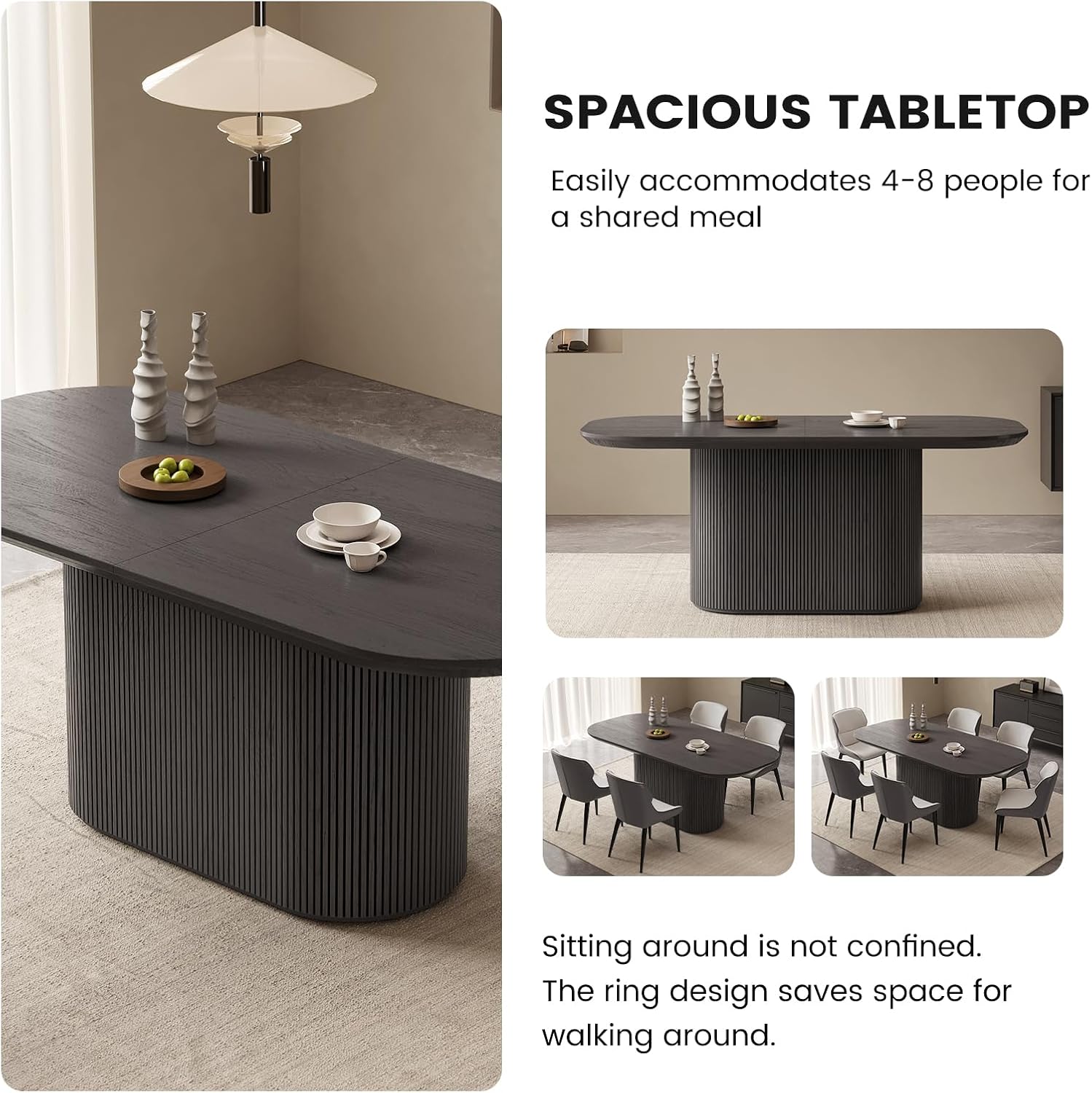 70" Dining Table Set for 6, 7-Piece Modern Oval Dining Room Table and Chair Set, Wood Grain Top & Sturdy Pedestal Base, Mid-Century Dinner Table for Dining Room, Black