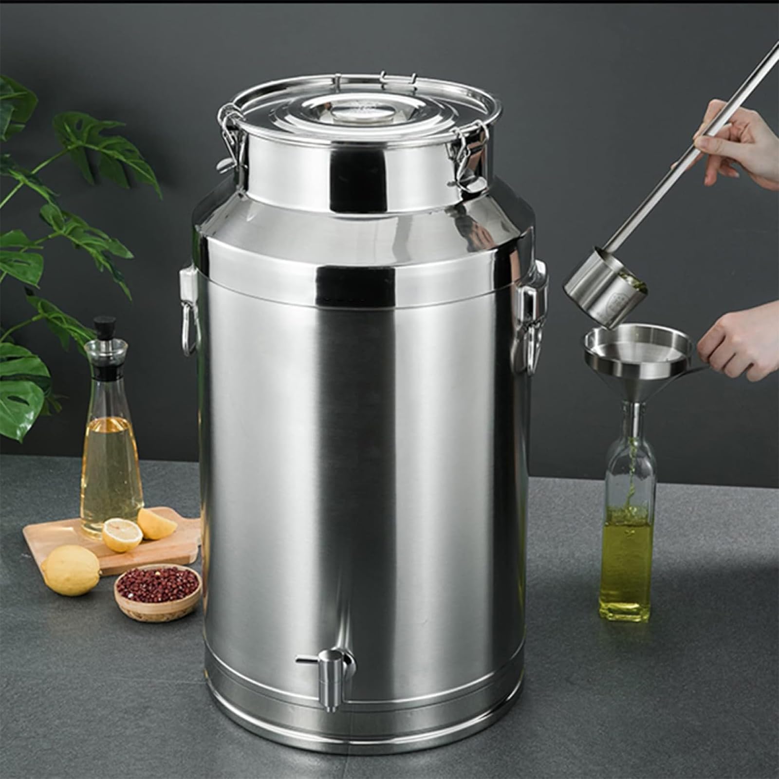 Luftdichte Edelstahl-Milch-Vorratsdose mit Wasserhahn, 24 l Brüheimer, Wassertank, Heimbrauzubehör mit 250 Netztrichter