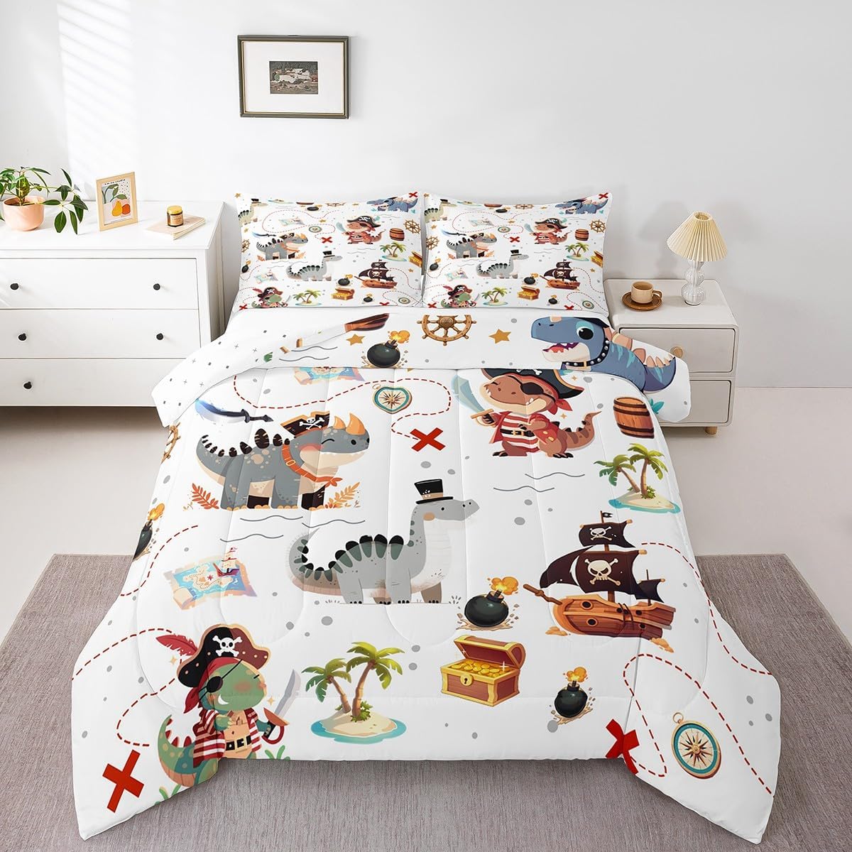 Homewish Pirate Dinosaur Kids Comforter Set Queen Size for Boys,Sea Nautical Map Theme Bedding Set 3Pcs,Child Teens Bedroom Decor,Cartoon Animals Quilt Set Ocean Adventure Duvet Insert,2 Pillowcases