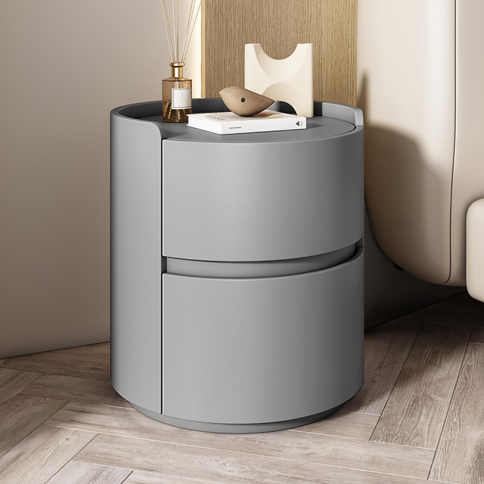 Mesita de Noche Moderna Minimalista de Madera Maciza Blanca con cajones de Almacenamiento, mesita de Noche Redonda para Dormitorio, cómoda Lateral compacta de Madera o Mini Armario.