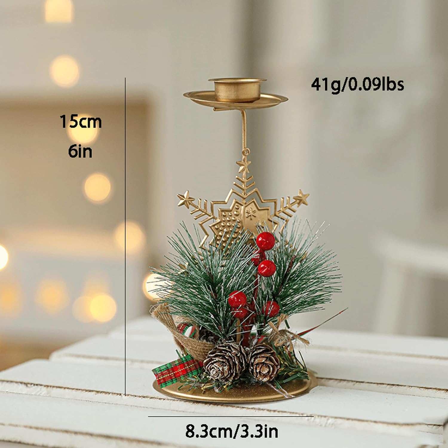 Candle Holder Christmas Golden Table Centerpieces with Red Berries Pine Cones for Christmas Table Decor