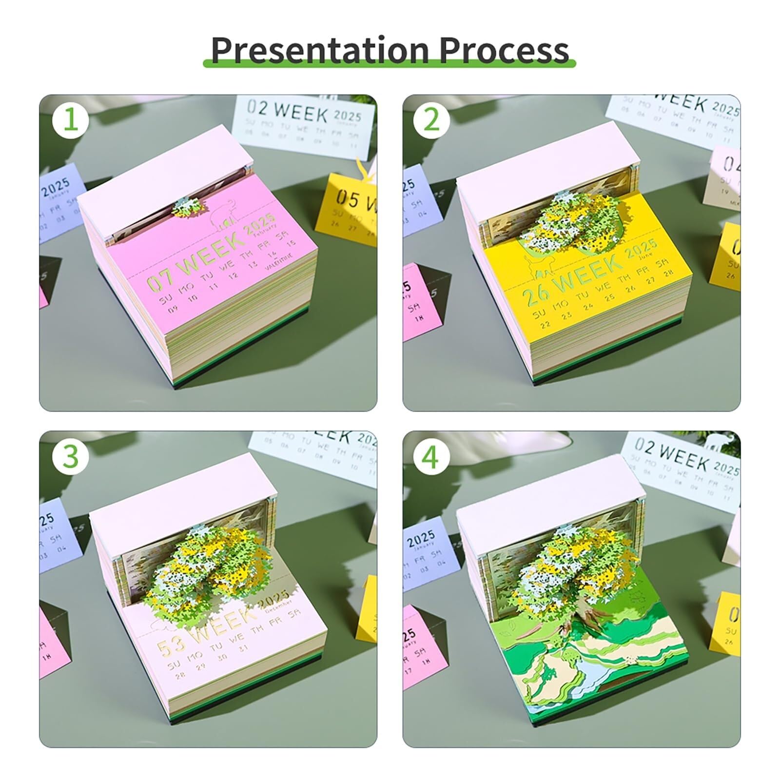 Inspirierender Tischkalender Kalender 2026, Schreibtisch-Notizblock mit 3D-Katzenmotiv aus Papier, Geschenkidee Geschenke für Kollegen(Tree-F,Without Light)