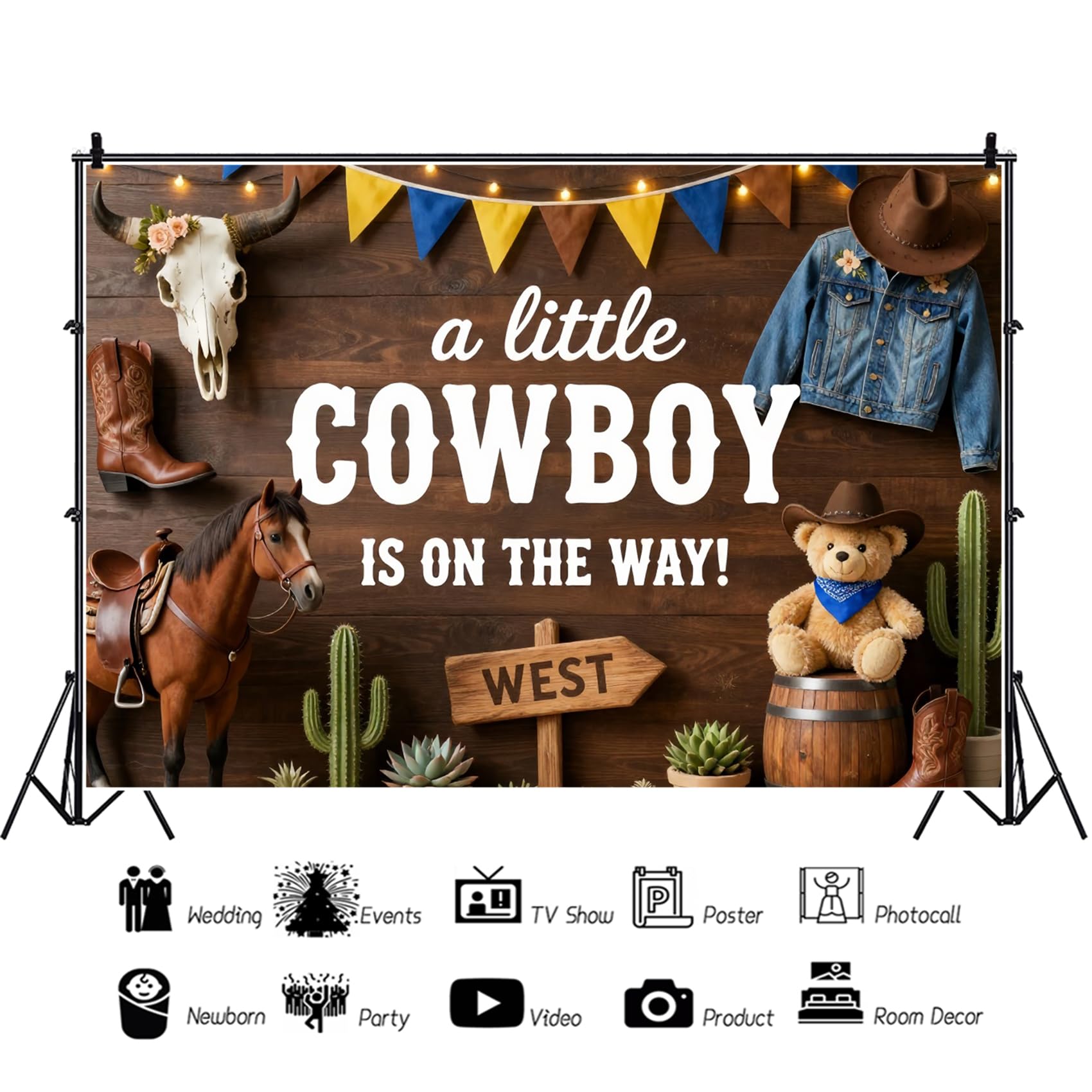 6x3m Sfondo in legno per baby shower a tema cowboy, striscione per la festa Un piccolo cowboy sta arrivando, articoli per la rivelazione del sesso del neonato in stile Far West,western