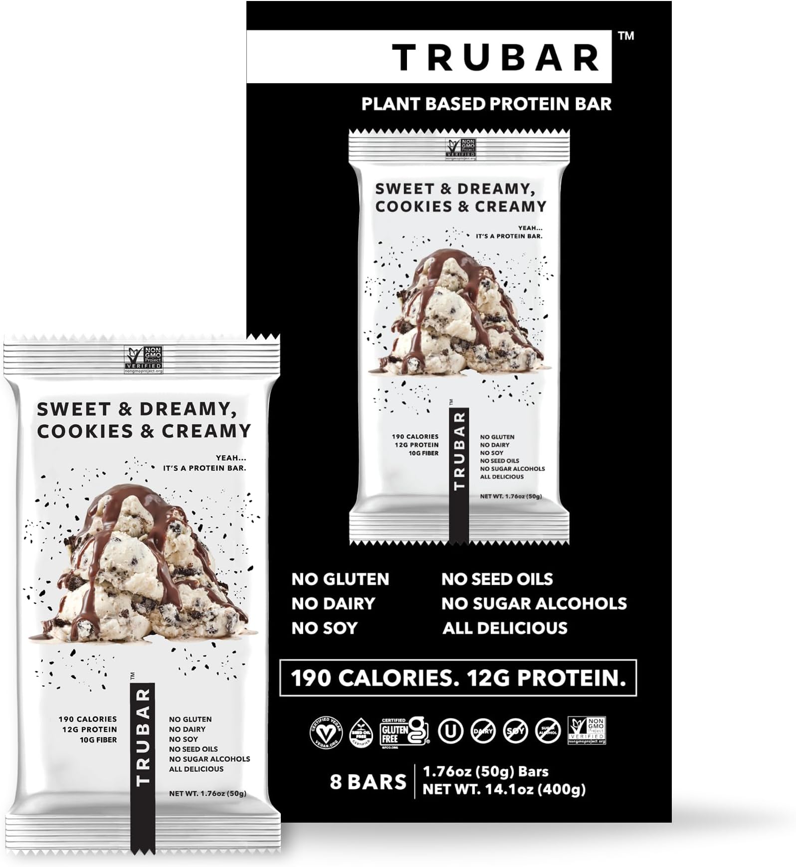 TRUBAR Vegan Protein Bar, Sweet & Dreamy Cookies and Creamy, Gluten Free, Plant Based Protein, Dairy Free, Non GMO, Soy Free, No Sugar Alcohols, 12G Protein, 12G Fiber, 23G Carb, On the Go Snack Bars