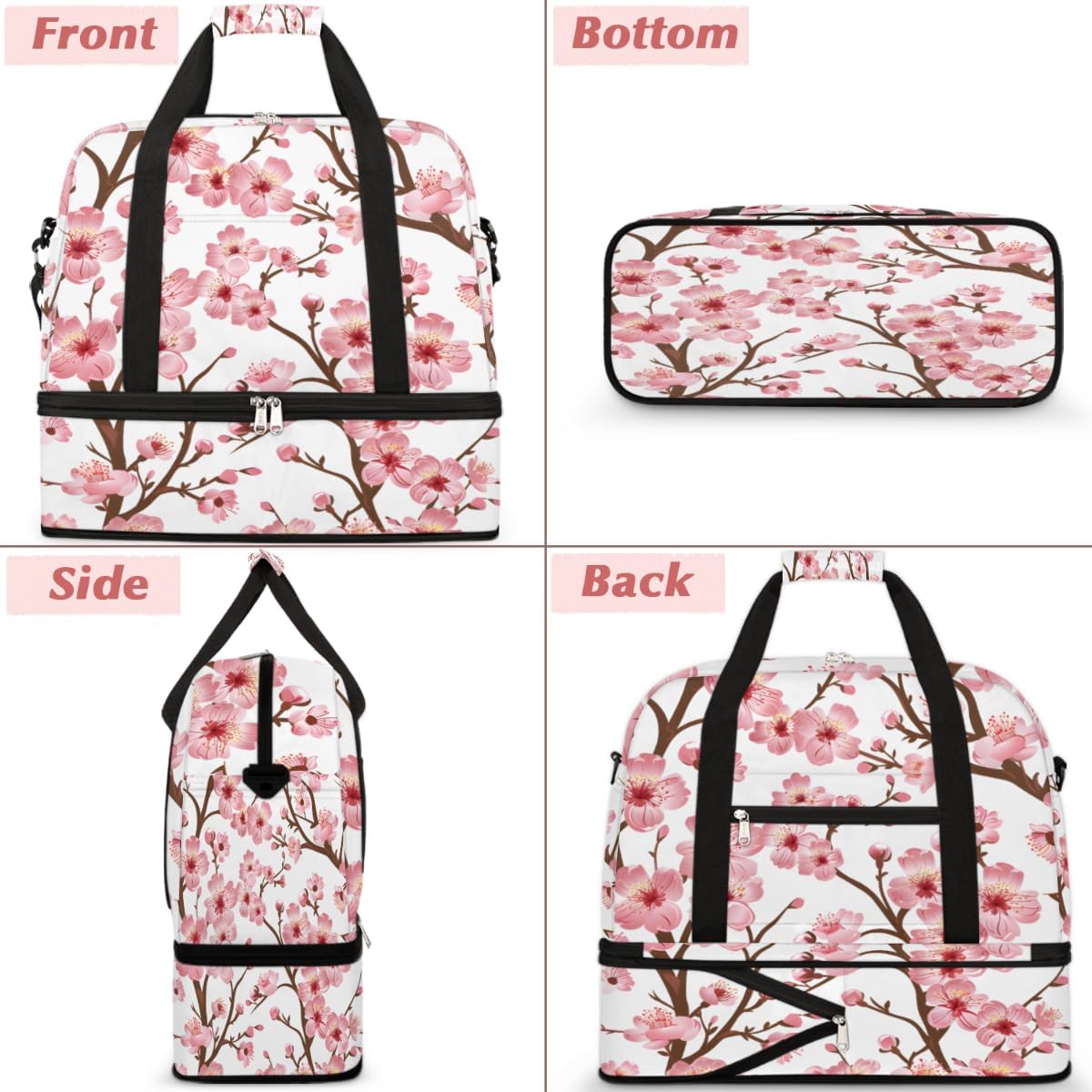 Foldable Travel Duffel Bag for Women, Overnight Weekender Bag Cherry Blossom Floral Carry on Duffel Bag Luggage Sports Gym Tote Bag with Shoes Compartment, Water Rresistant Shoulder Bag